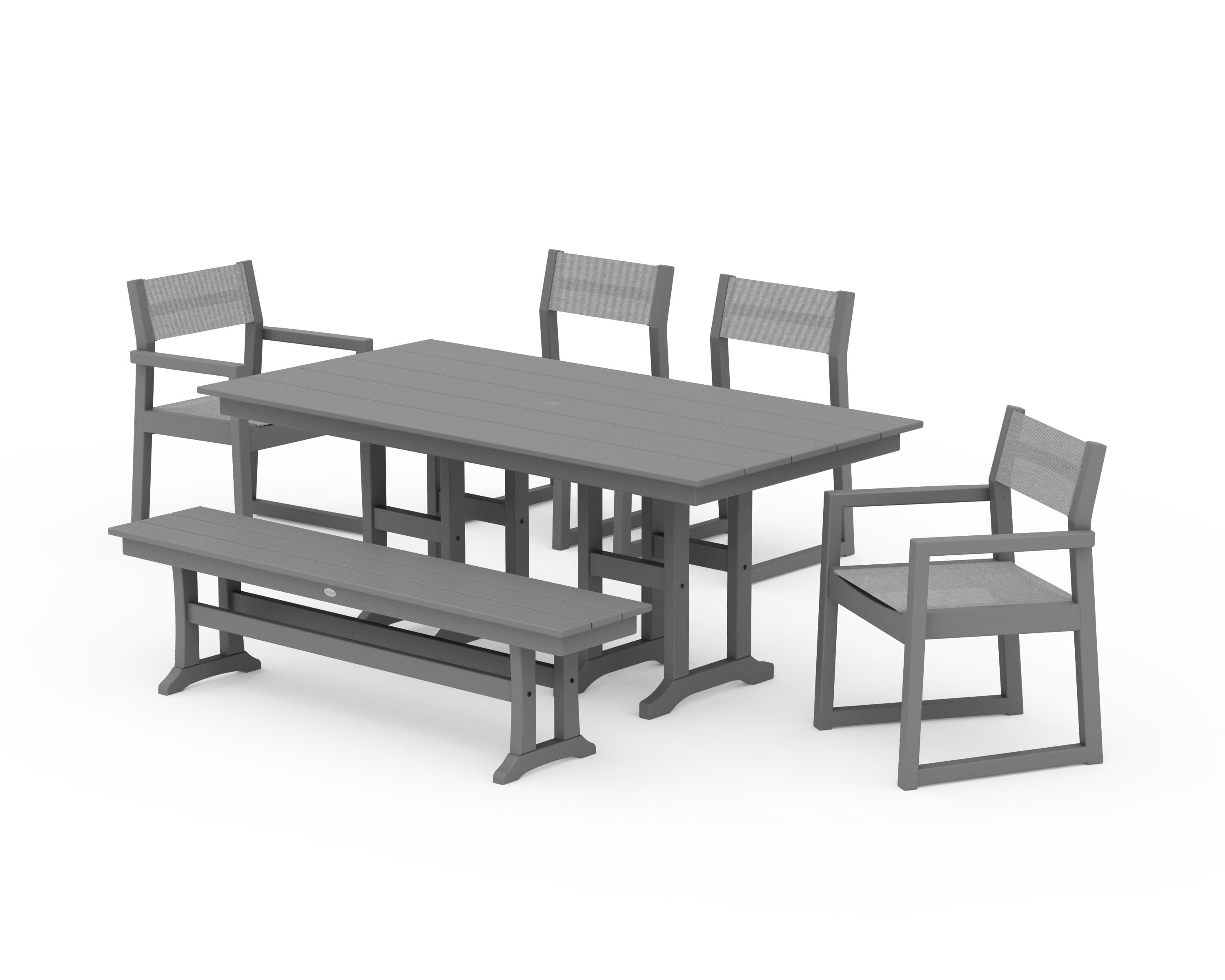 POLYWOOD EDGE Sling 6-Piece Farmhouse Dining Set in Slate Grey / Metallic Sling
