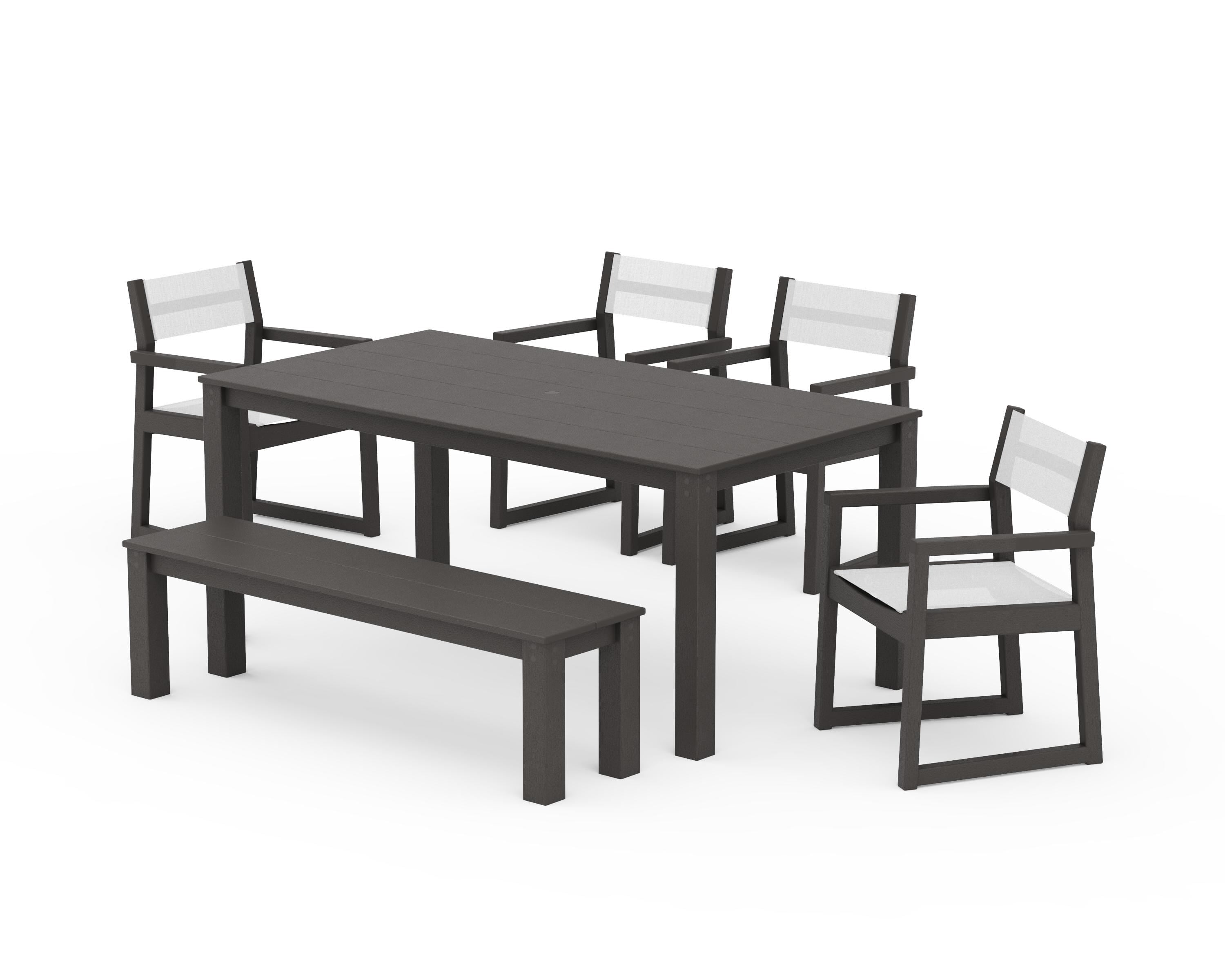 POLYWOOD EDGE Sling Arm Chair 6-Piece Parsons Dining Set with Bench in Vintage Coffee / White Sling