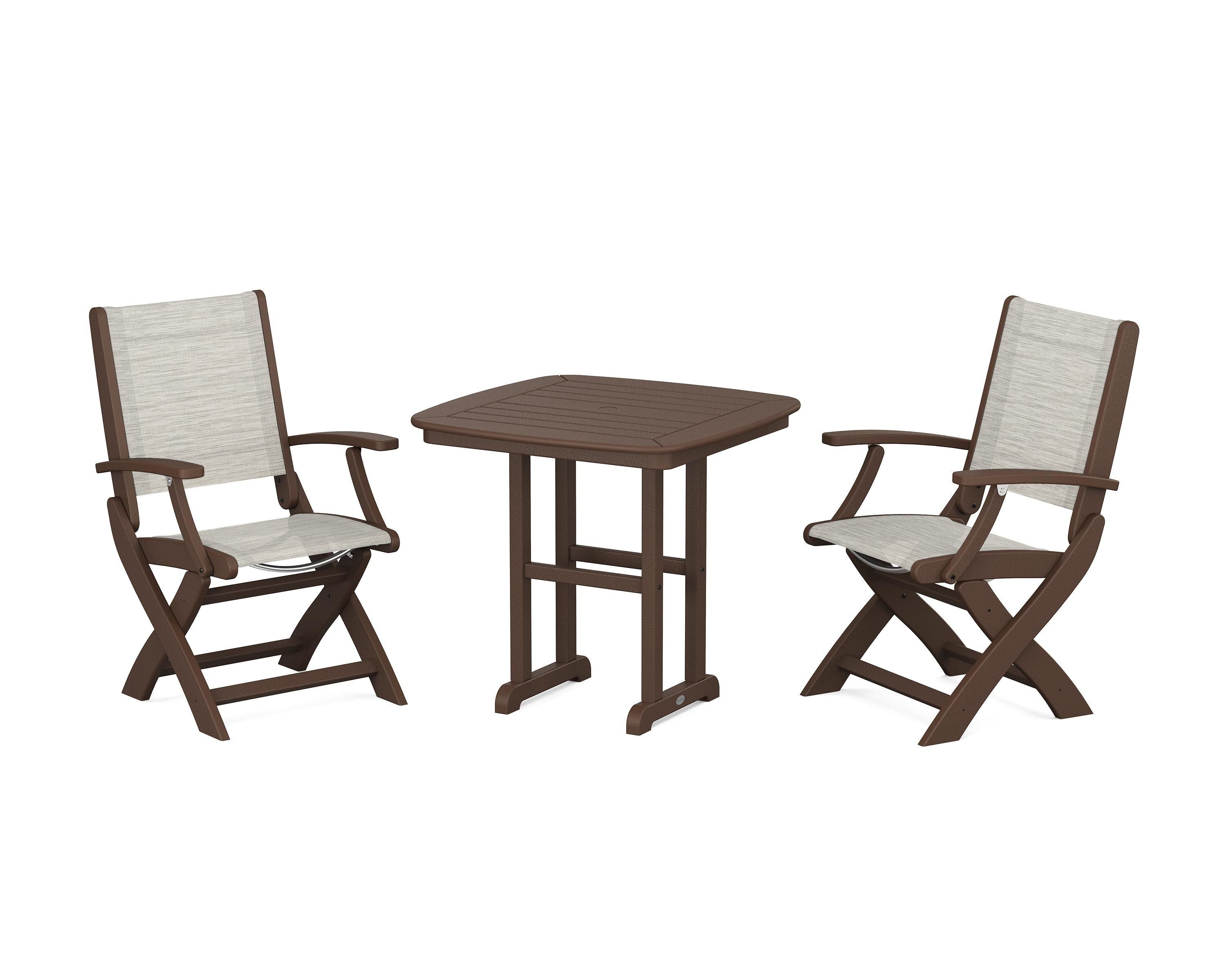 POLYWOOD Coastal Folding Chair 3-Piece Dining Set in Mahogany / Birch Sling