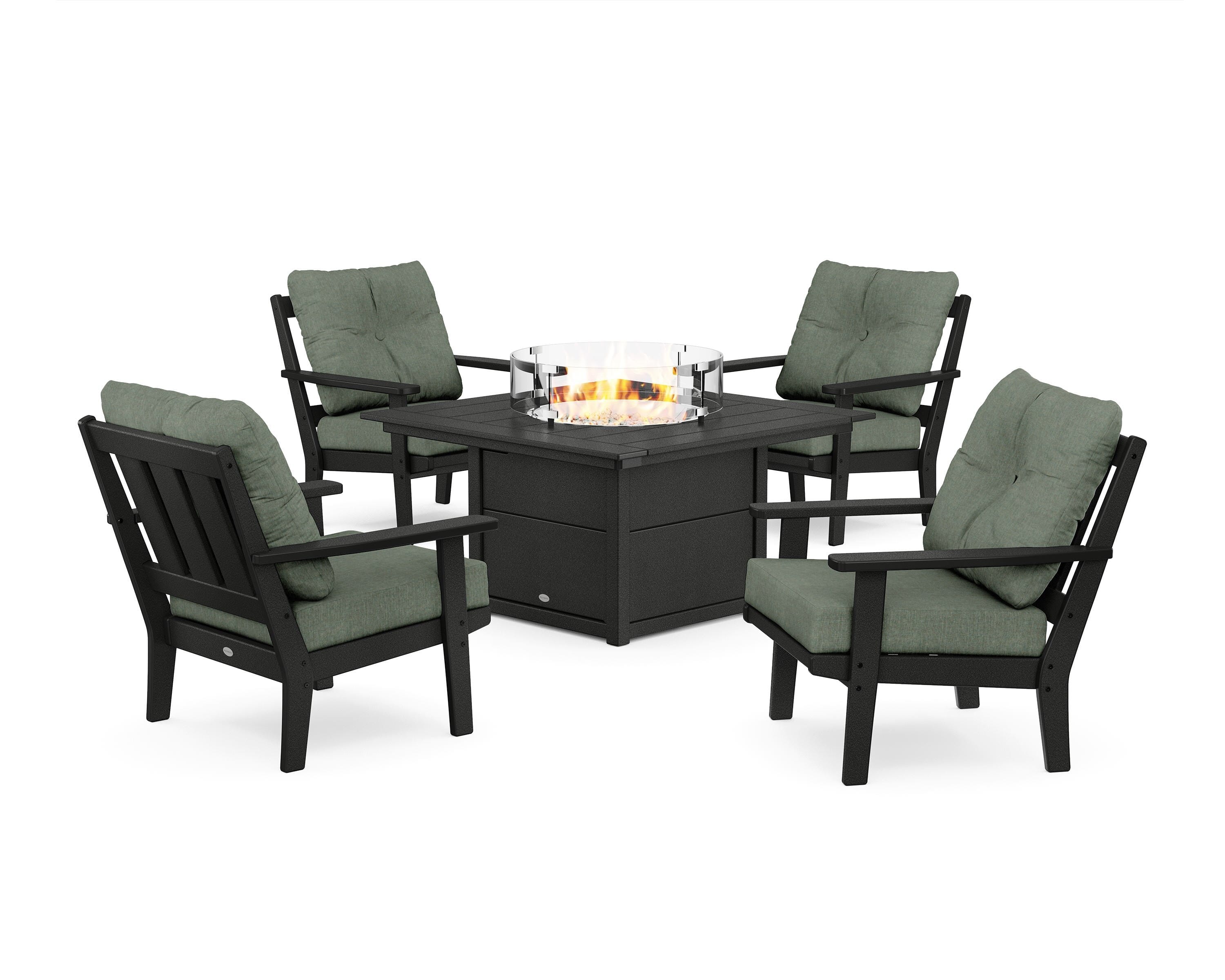 POLYWOOD Oxford 5-Piece Deep Seating Set with Fire Pit Table in Black / Cast Sage
