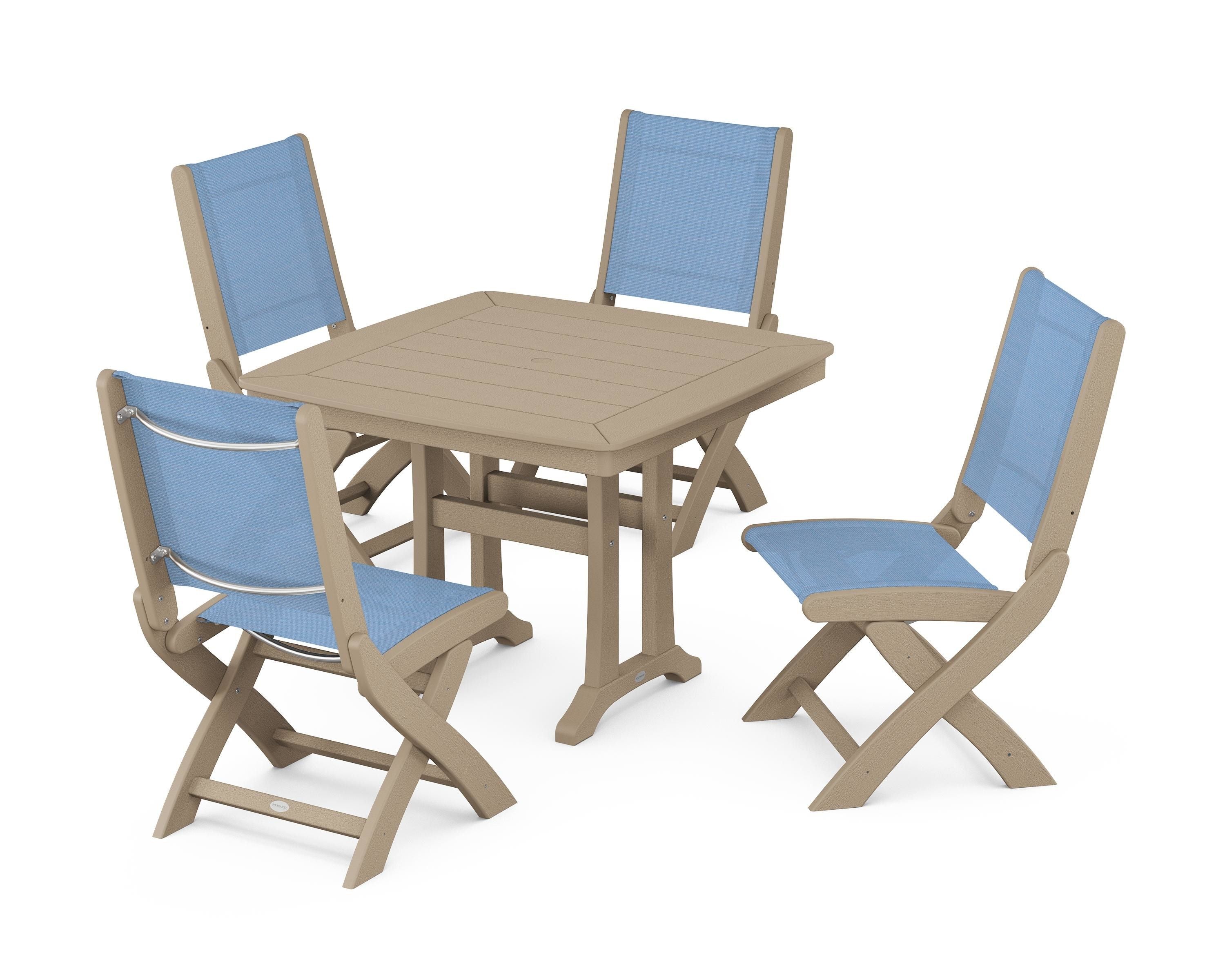 POLYWOOD Coastal Folding Side Chair 5-Piece Dining Set with Trestle Legs in Vintage Sahara / Poolside Sling