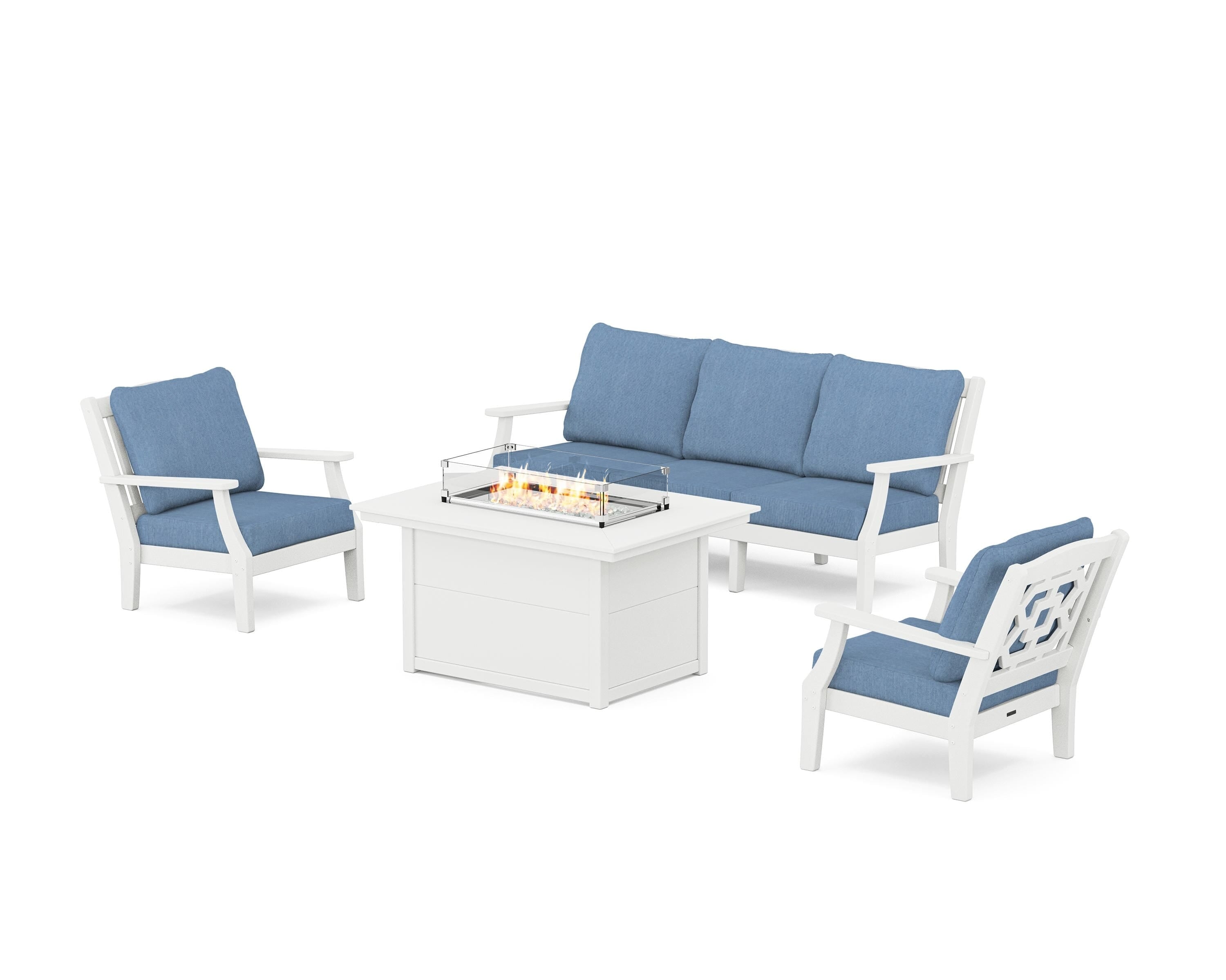 Martha Stewart by POLYWOOD Chinoiserie Deep Seating Fire Pit Table Set in White / Sky Blue