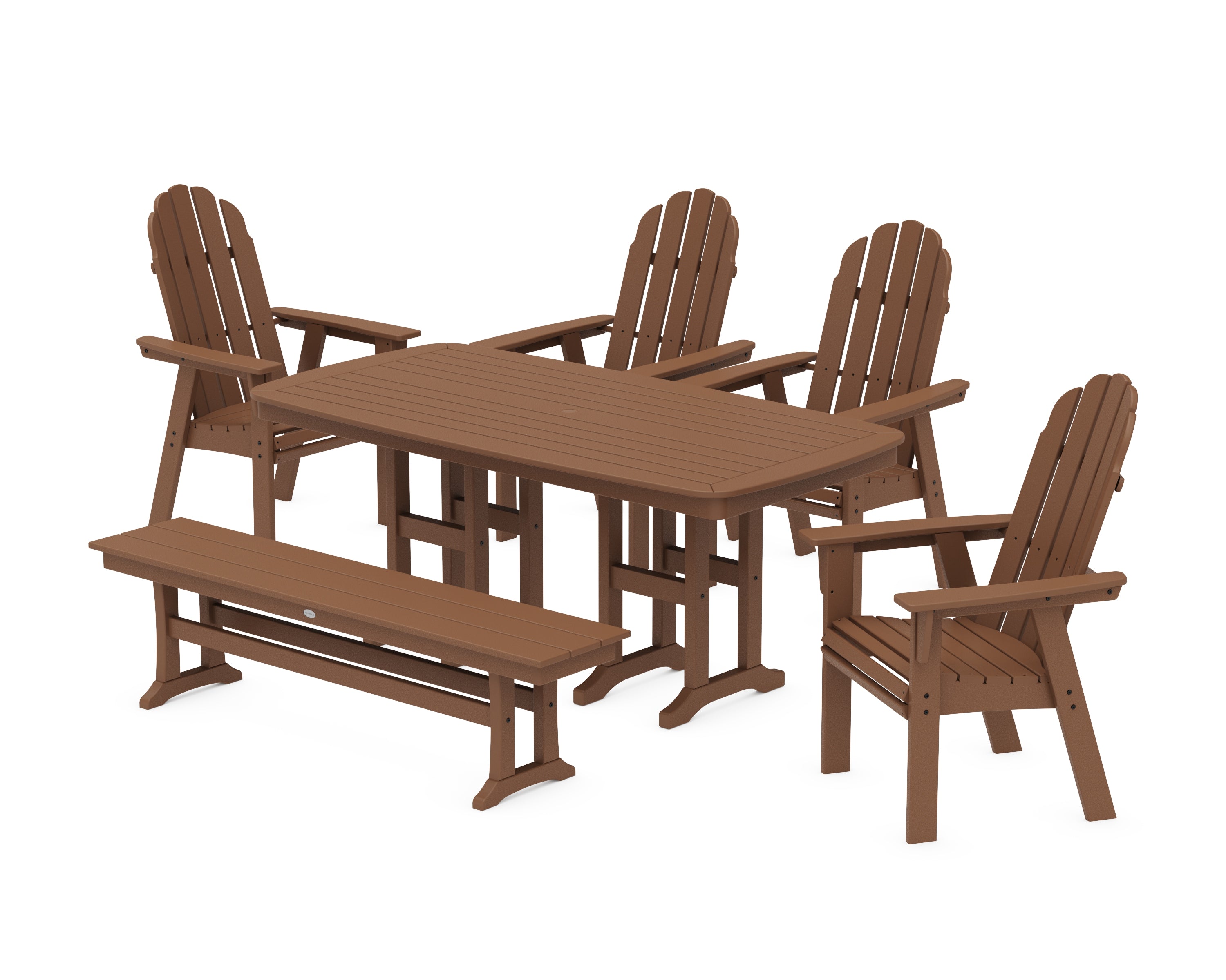 POLYWOOD Vineyard Curveback Adirondack Chair 6-Piece Dining Set with Bench in Teak