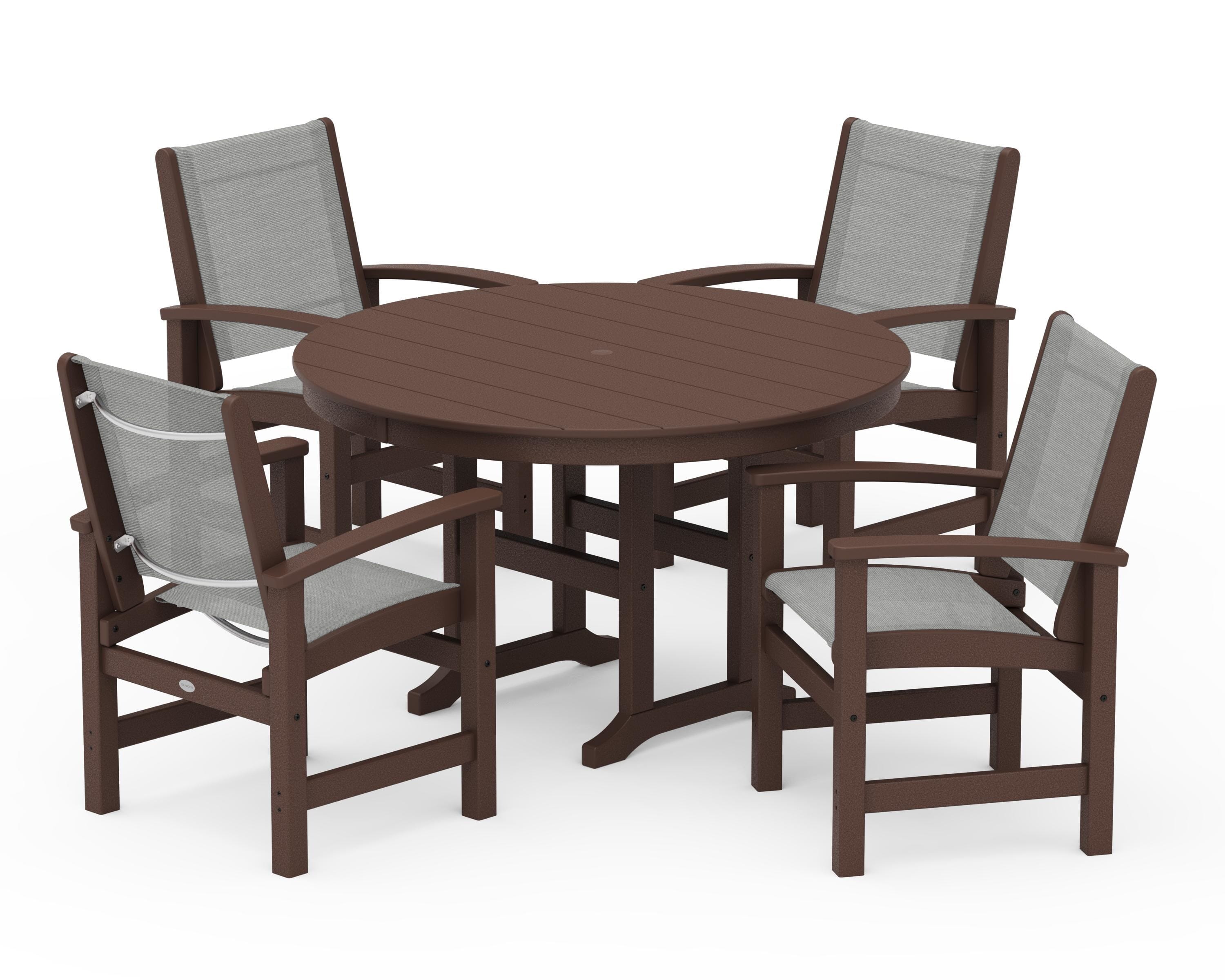 POLYWOOD Coastal 5-Piece Round Farmhouse Dining Set in Mahogany / Metallic Sling