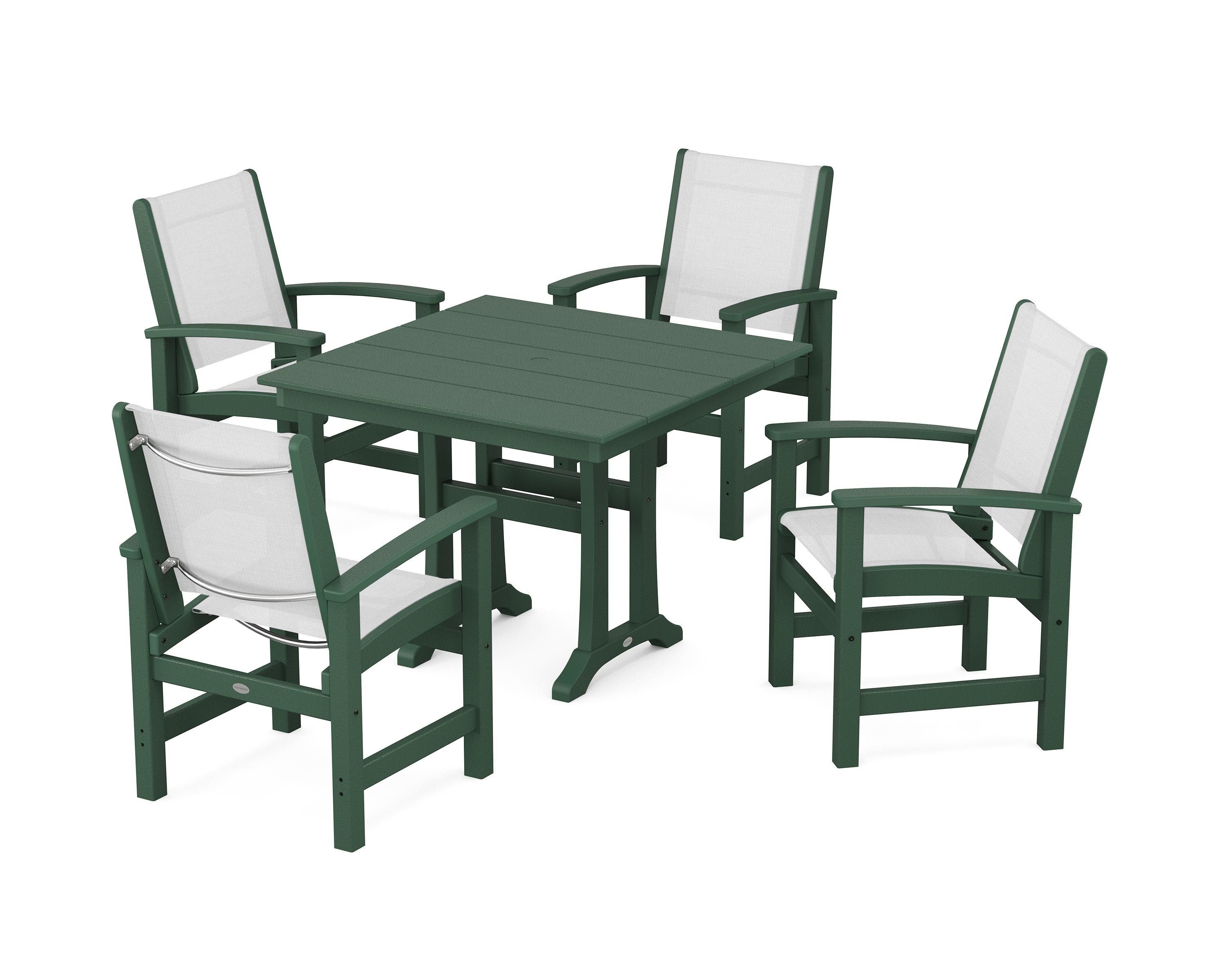 POLYWOOD Coastal 5-Piece Farmhouse Dining Set With Trestle Legs in Green / White Sling