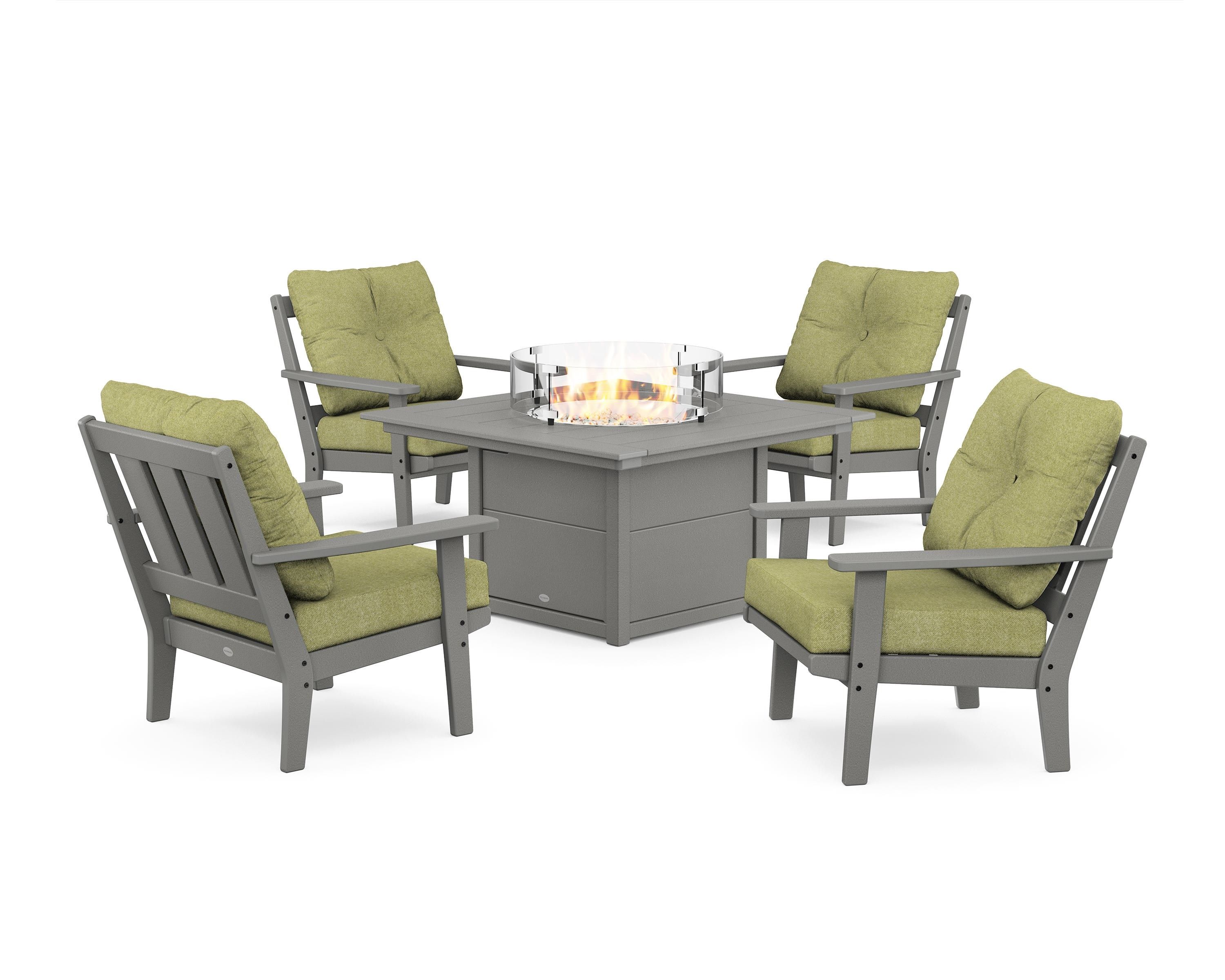 POLYWOOD Oxford 5-Piece Deep Seating Set with Fire Pit Table in Slate Grey / Chartreuse Boucle