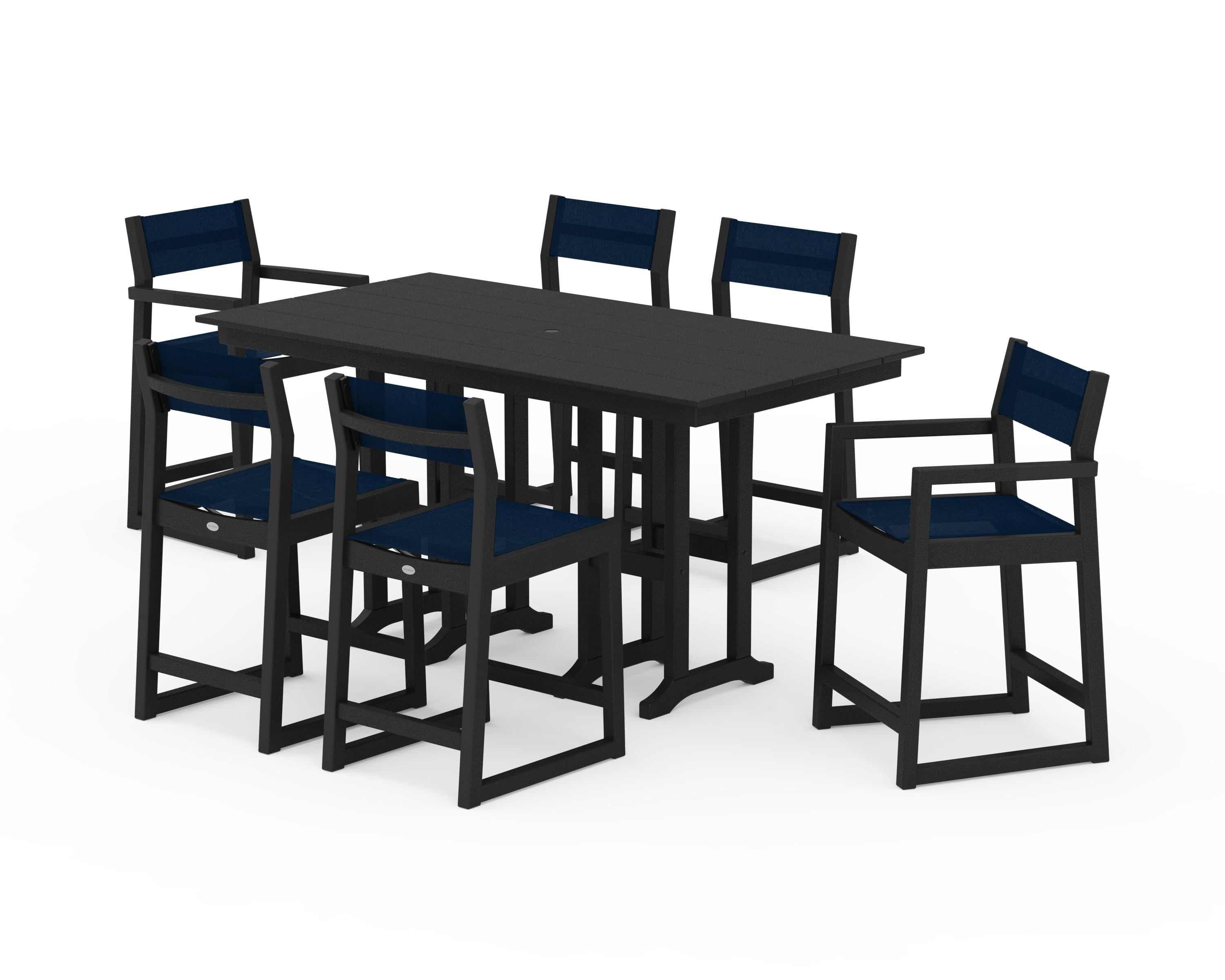 POLYWOOD EDGE Sling 7-Piece Farmhouse Counter Set in Black / Navy Blue Sling
