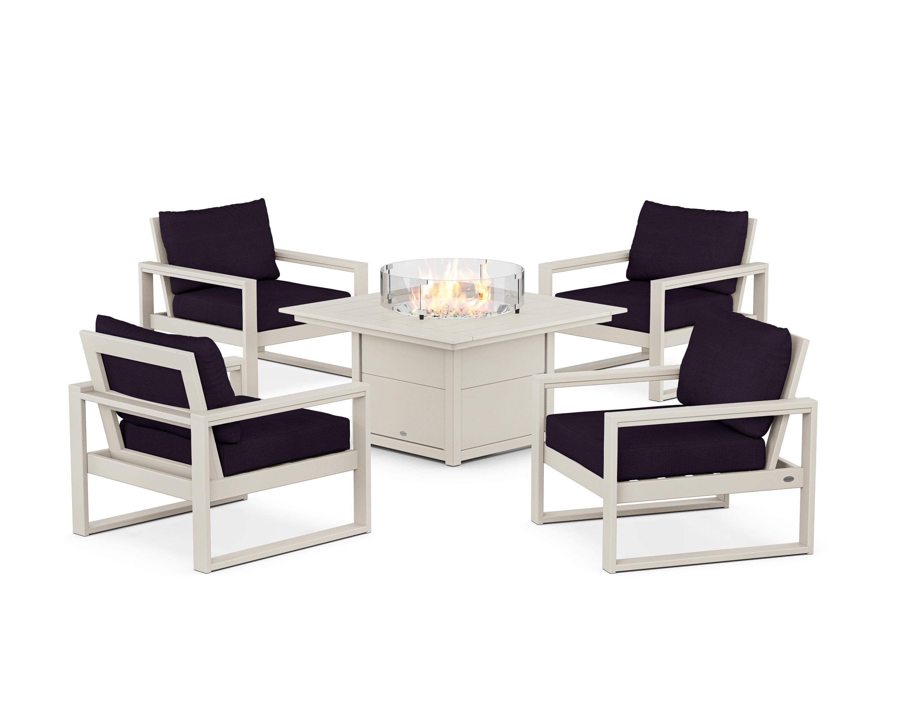 POLYWOOD EDGE Sectional 5-Piece Deep Seating Set with Fire Pit Table in Sand / Navy Linen