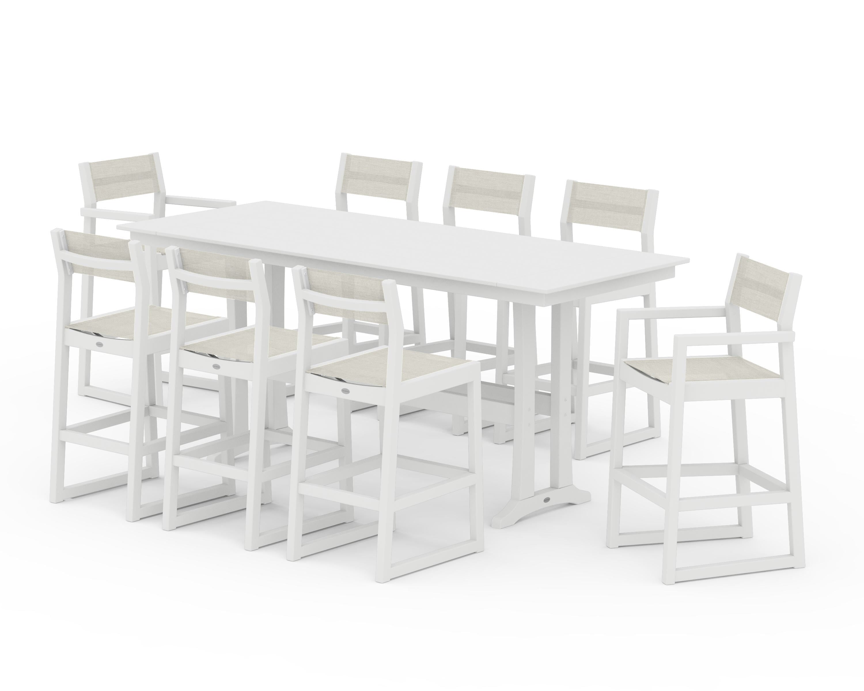 POLYWOOD EDGE Sling 9-Piece Farmhouse Bar Set with Trestle Legs in White / Parchment Sling