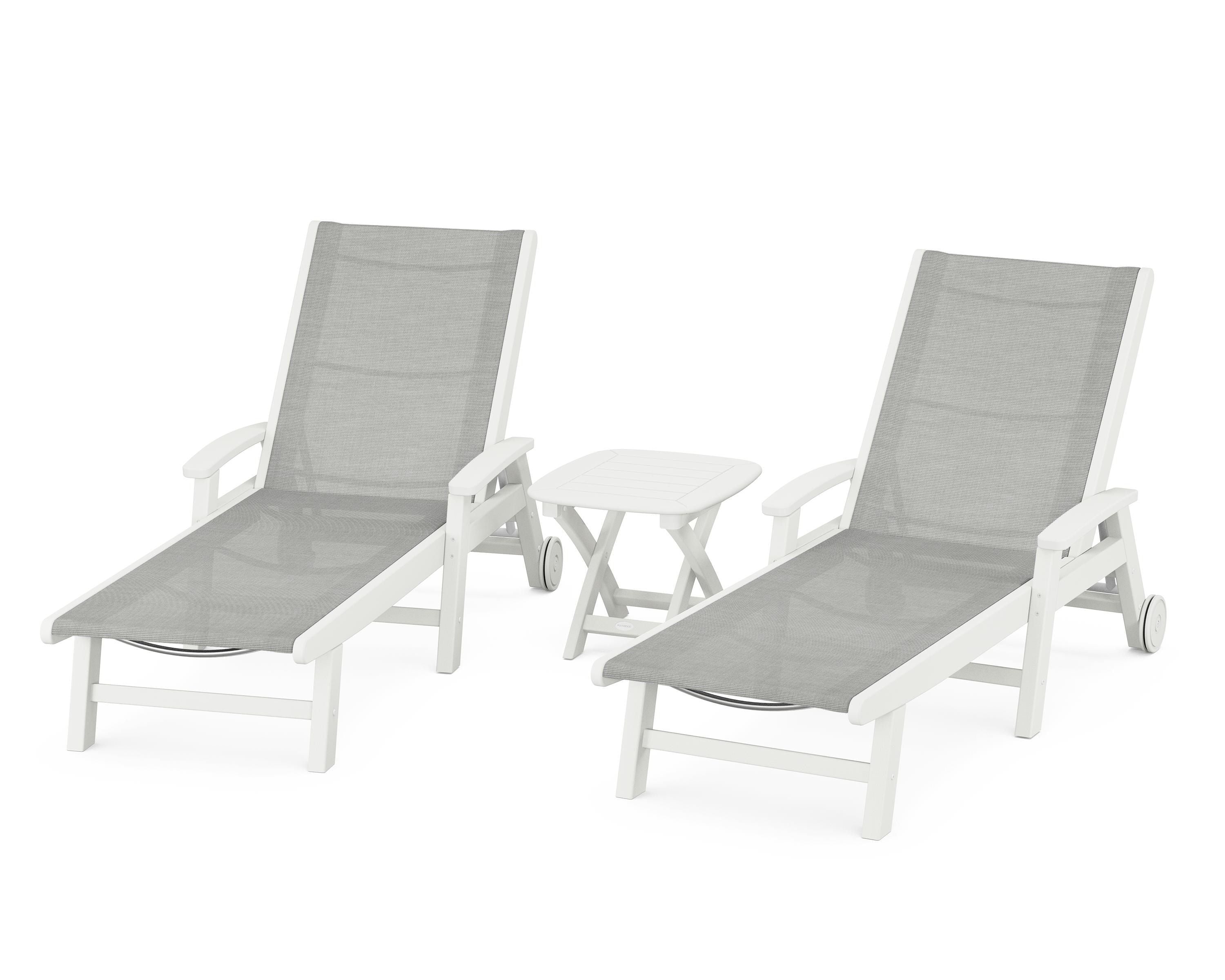 POLYWOOD Coastal 3-Piece Wheeled Chaise Set in Vintage White / Metallic Sling