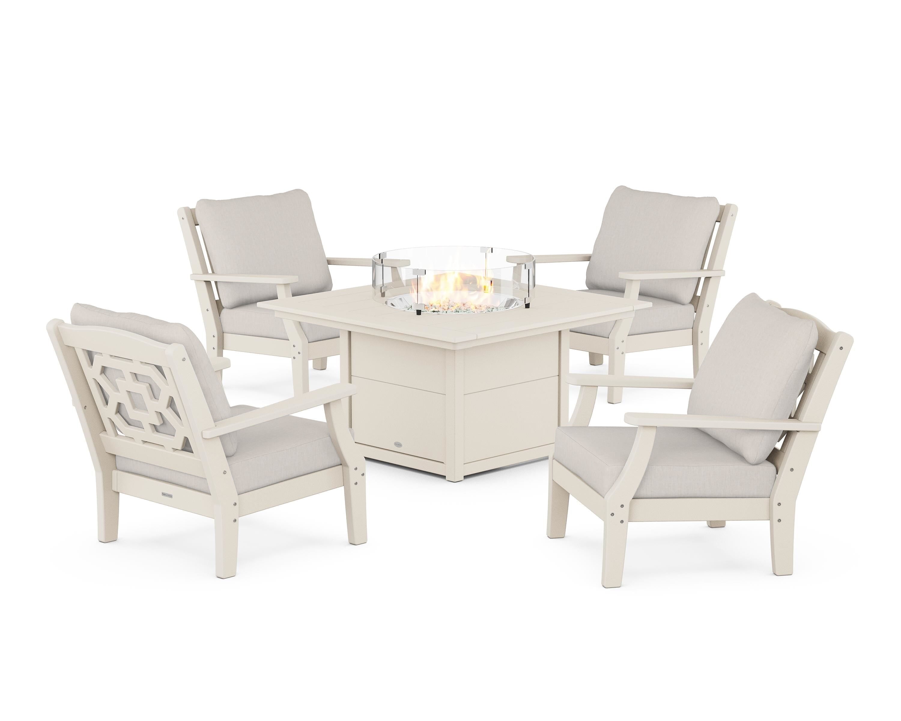 Martha Stewart by POLYWOOD Chinoiserie 5-Piece Deep Seating Set with Fire Pit Table in Sand / Cast Ash