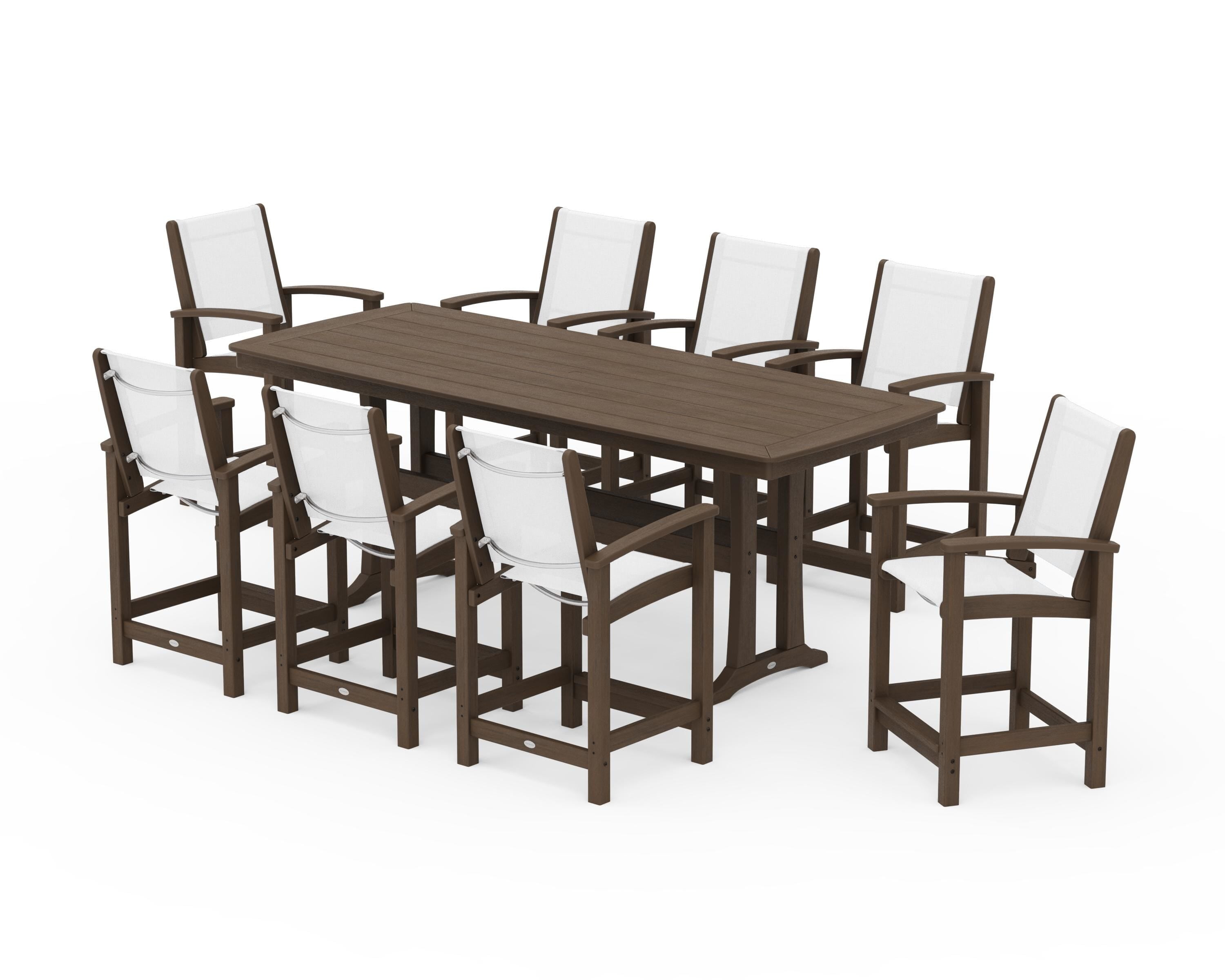 POLYWOOD Coastal 9-Piece Counter Set with Trestle Legs in Kona / White Sling
