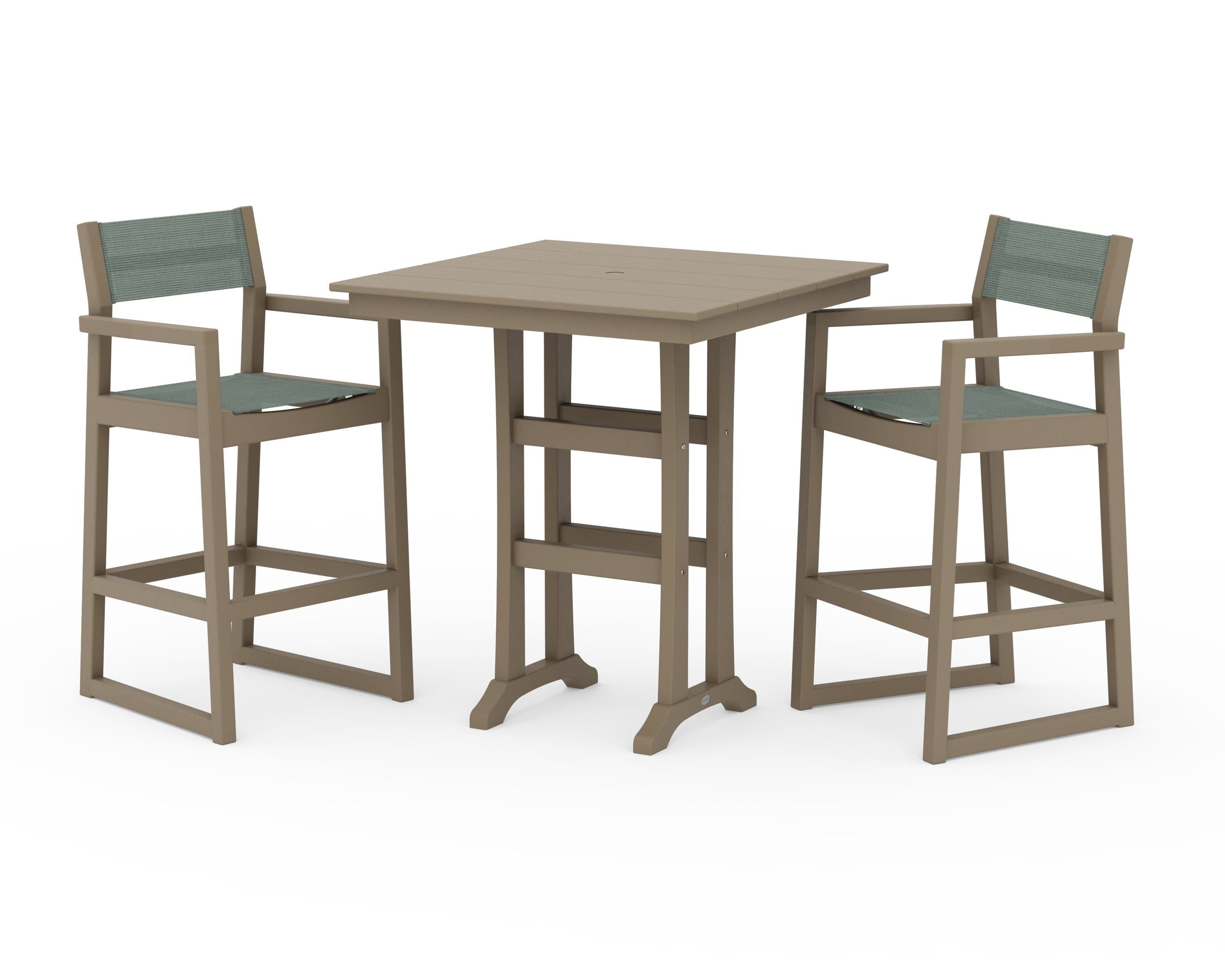POLYWOOD EDGE Sling Arm Chair 3-Piece Farmhouse Bar Set with Trestle Legs in Vintage Sahara / Dupioni Sea Mist Sling