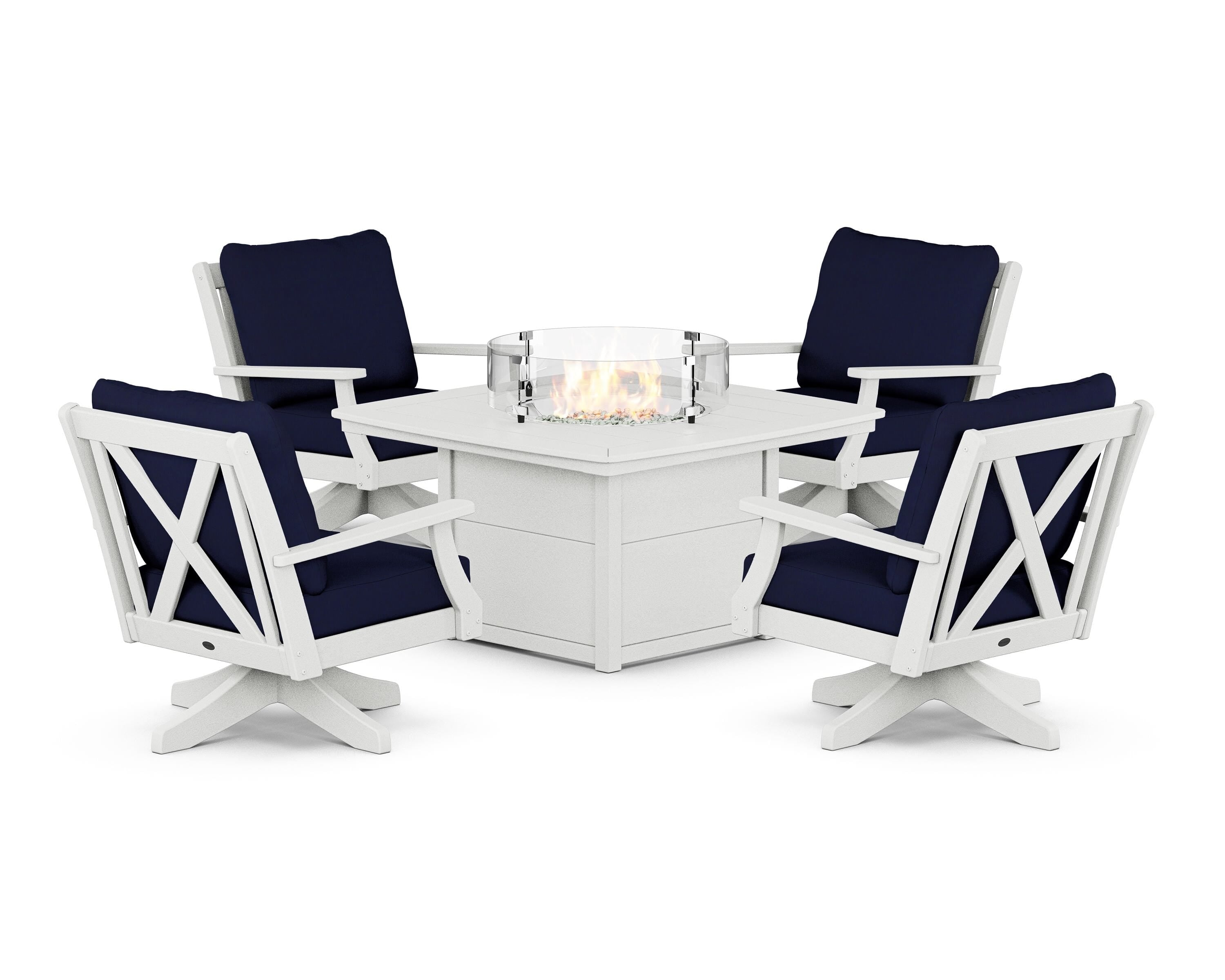 POLYWOOD Braxton 5-Piece Deep Seating Swivel Conversation Set with Fire Pit Table in Vintage White / Navy