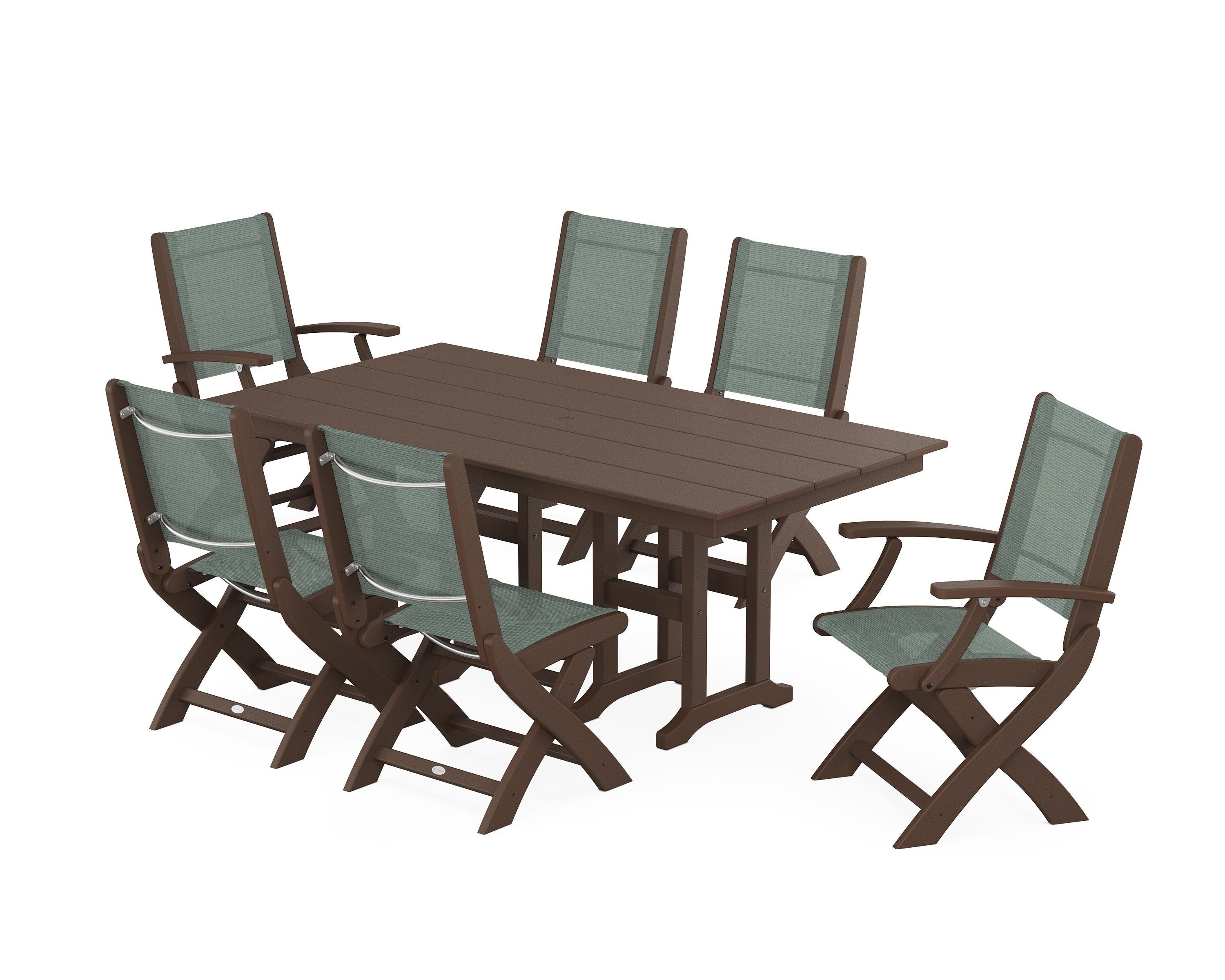 POLYWOOD Coastal Folding Chair 7-Piece Farmhouse Dining Set in Mahogany / Dupioni Sea Mist Sling