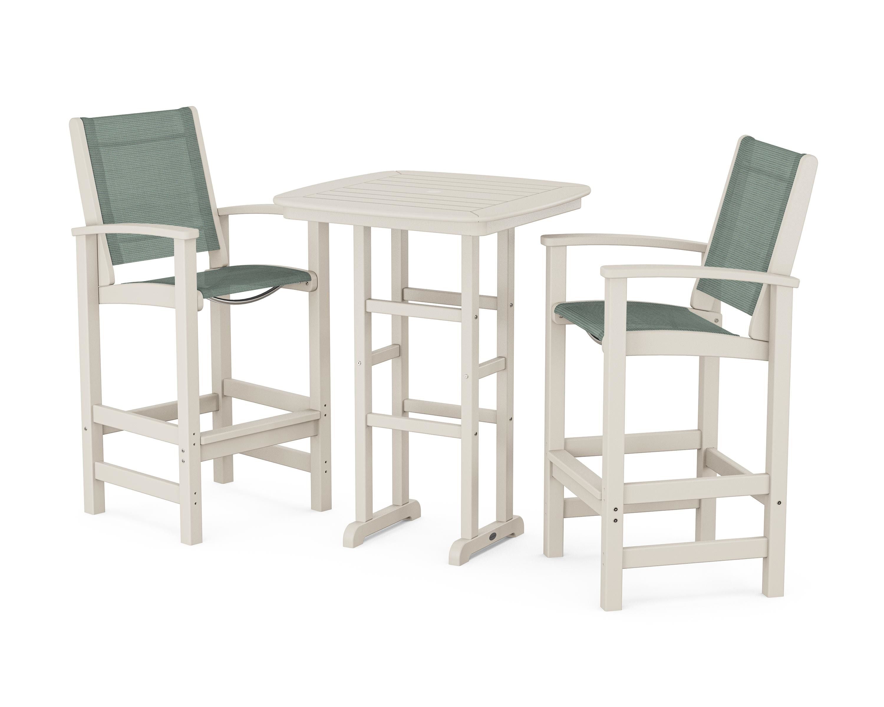 POLYWOOD Coastal 3-Piece Bar Set in Sand / Dupioni Sea Mist Sling