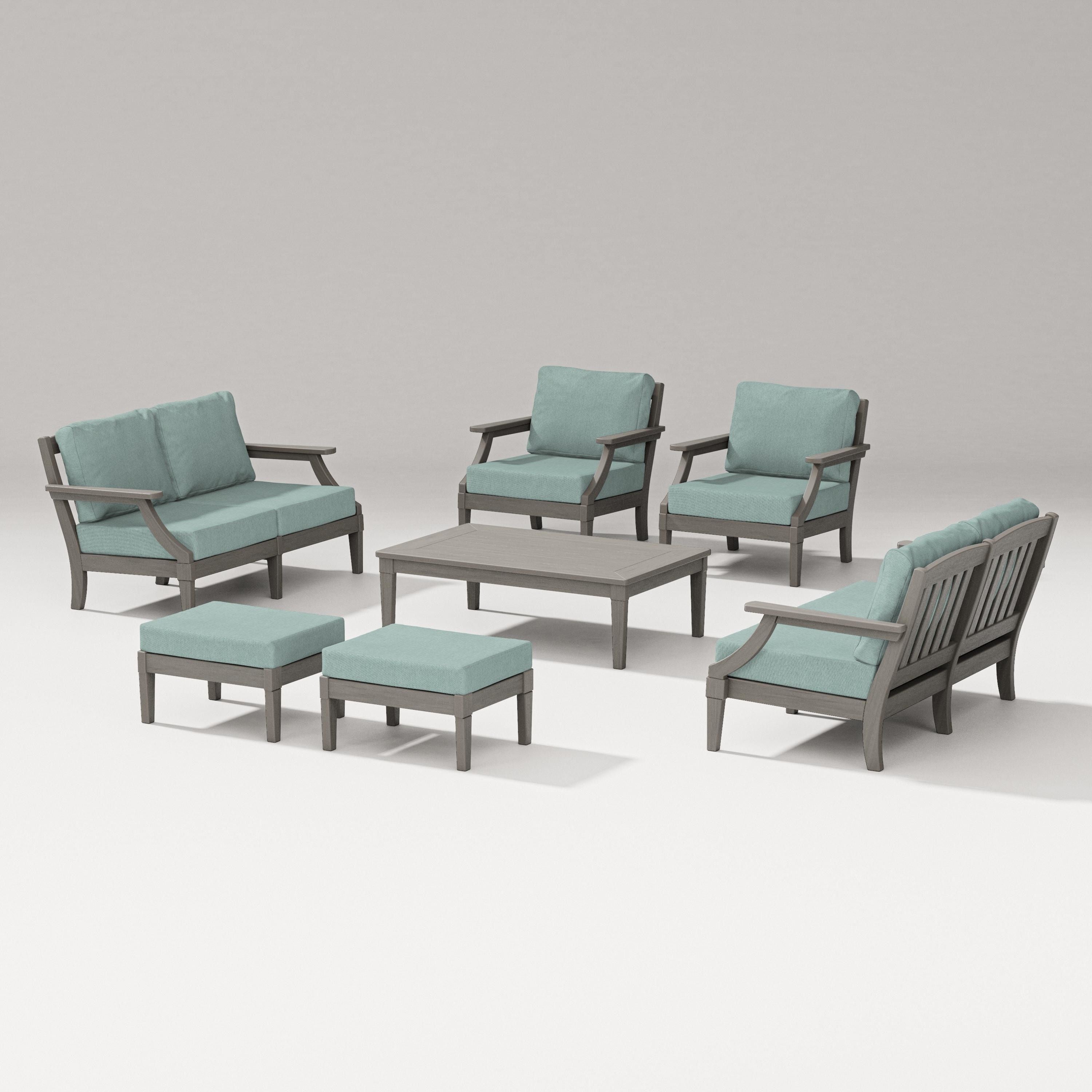 PW Designer Series Estate 7-Piece Lounge Loveseat Set in Driftwood / Glacier Spa
