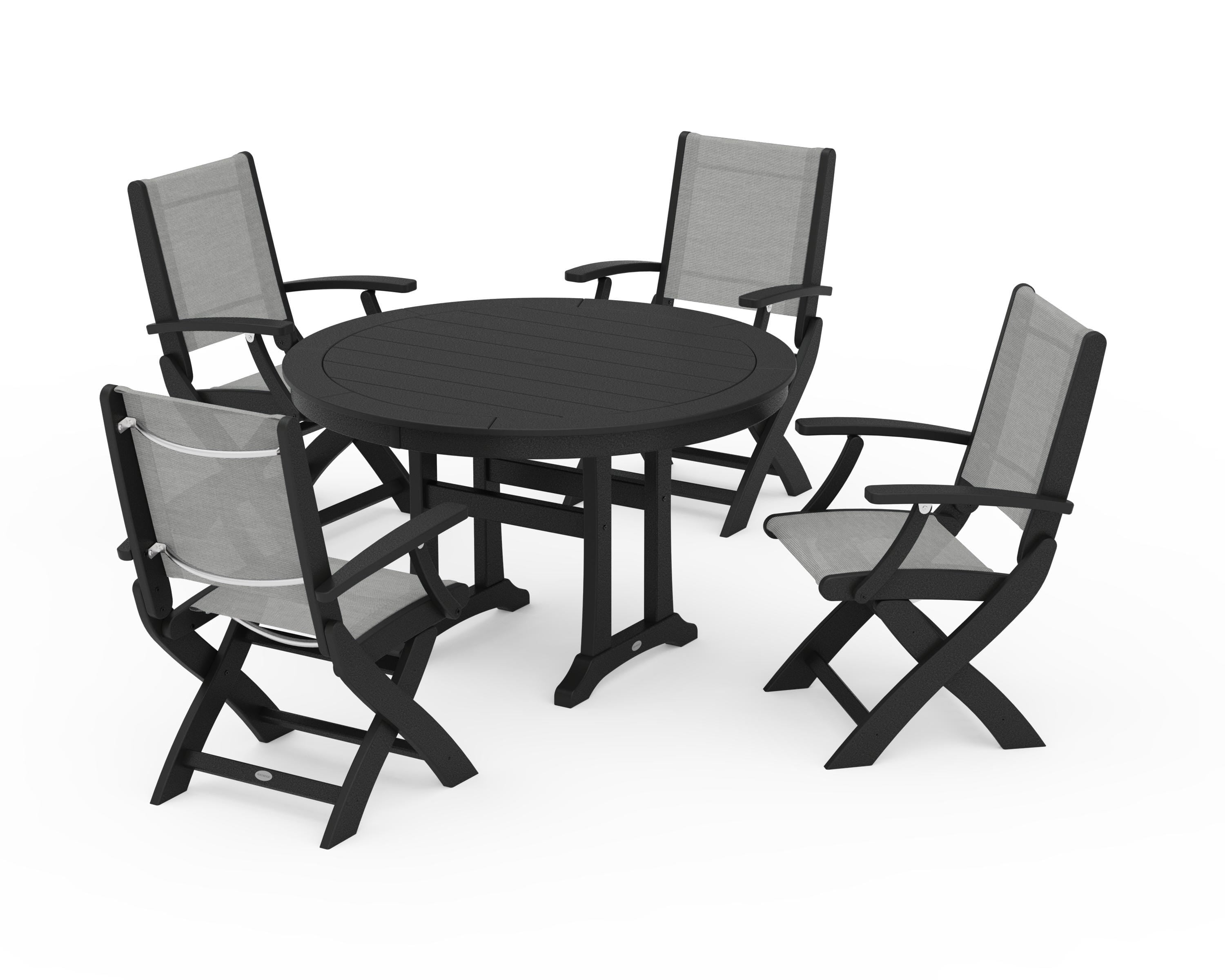 POLYWOOD Coastal Folding Chair 5-Piece Round Dining Set with Trestle Legs in Black / Metallic Sling