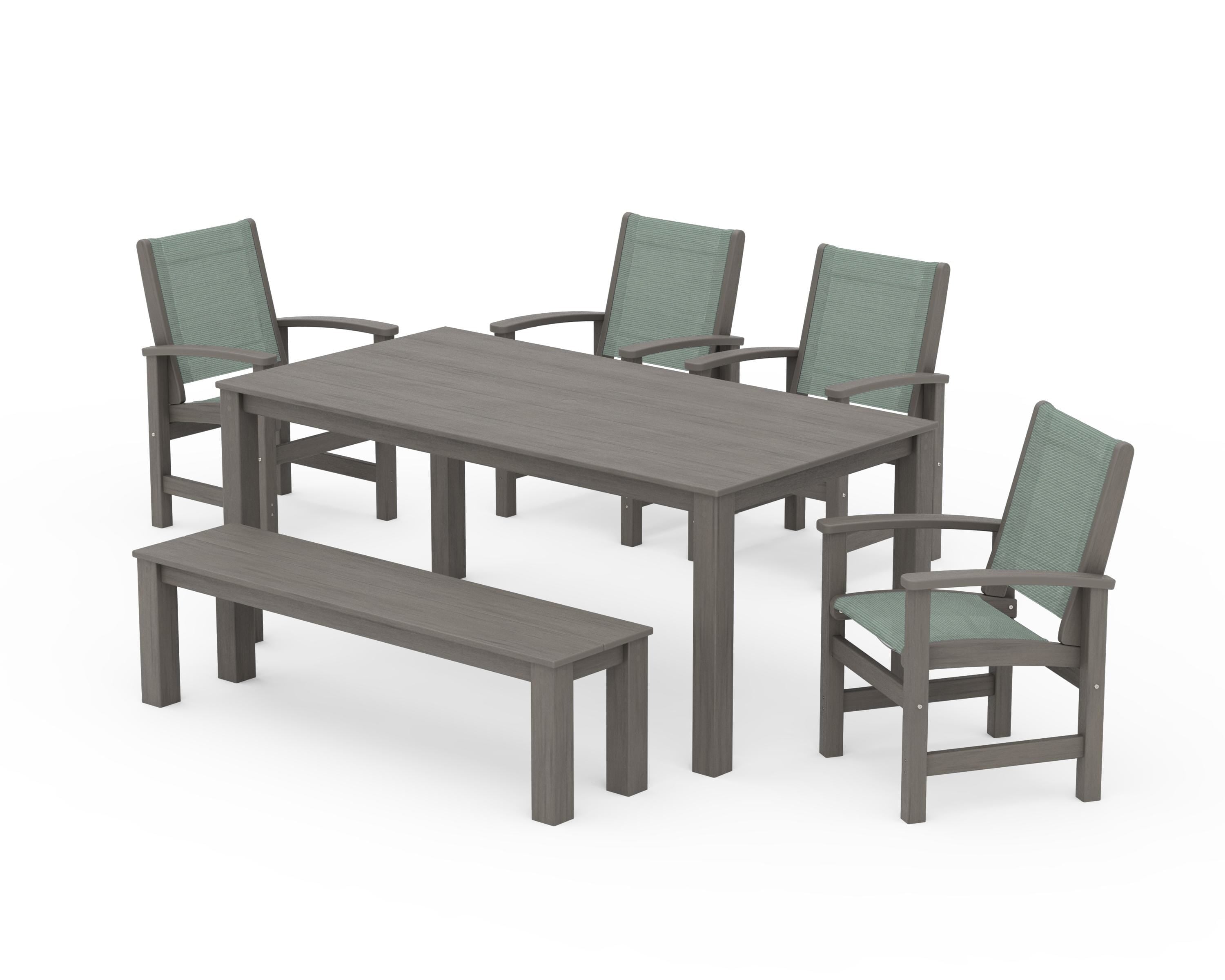POLYWOOD Coastal 6-Piece Parsons Dining Set with Bench in Driftwood / Dupioni Sea Mist Sling