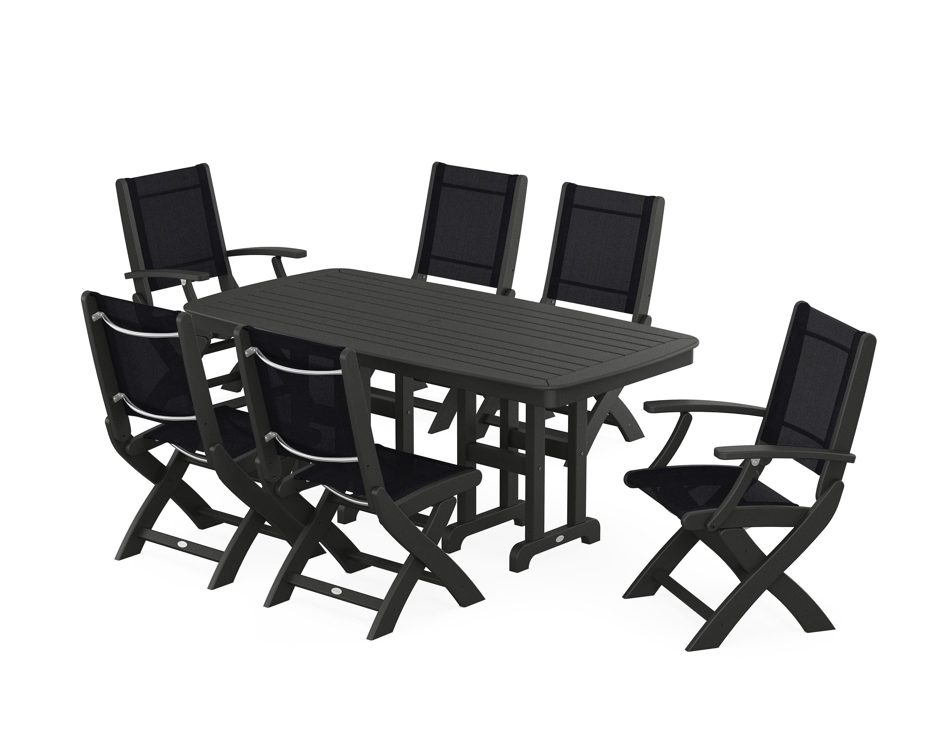 POLYWOOD Coastal Folding Chair 7-Piece Dining Set in Black / Black Sling