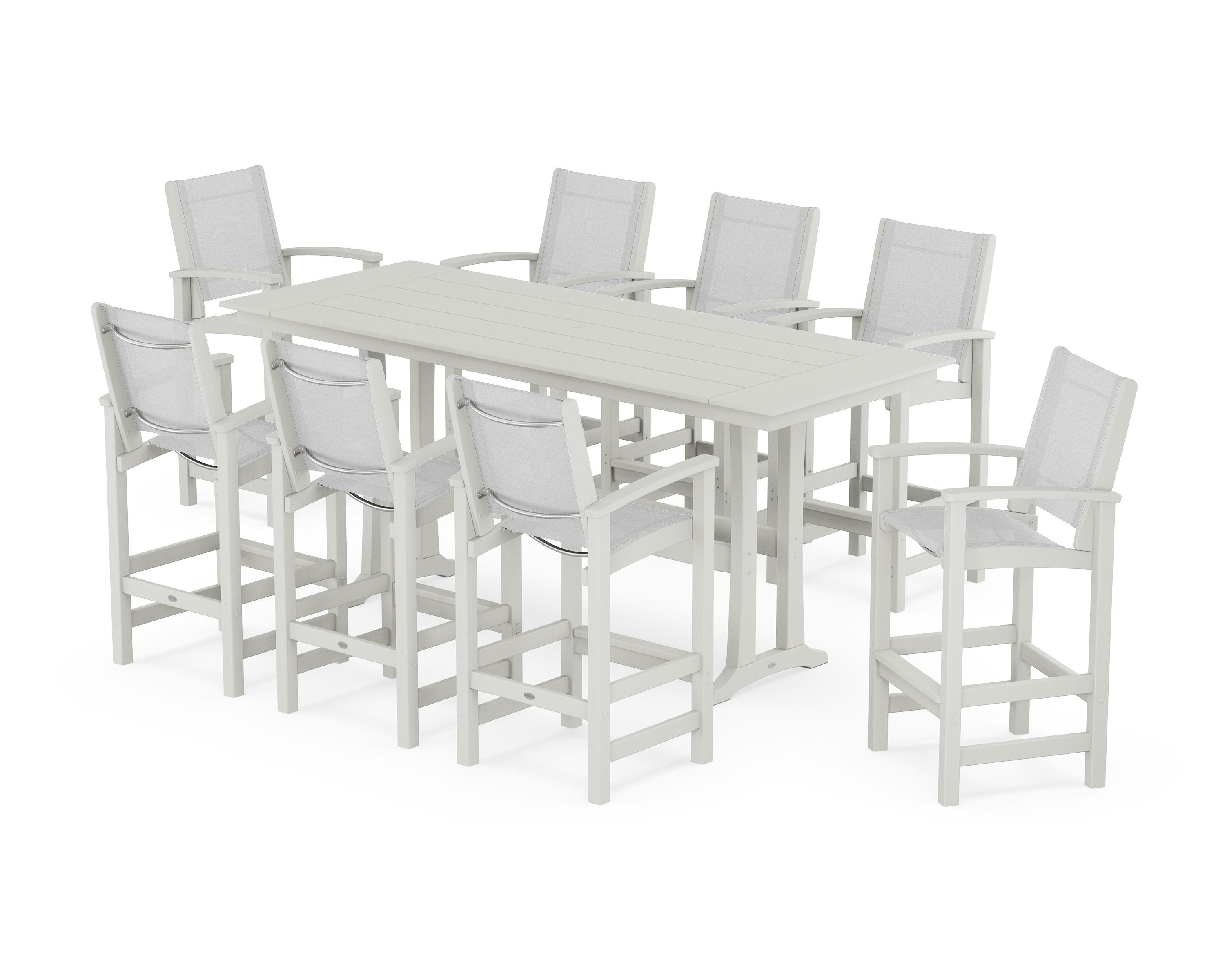 POLYWOOD Coastal 9-Piece Farmhouse Bar Set with Trestle Legs in Vintage White / White Sling