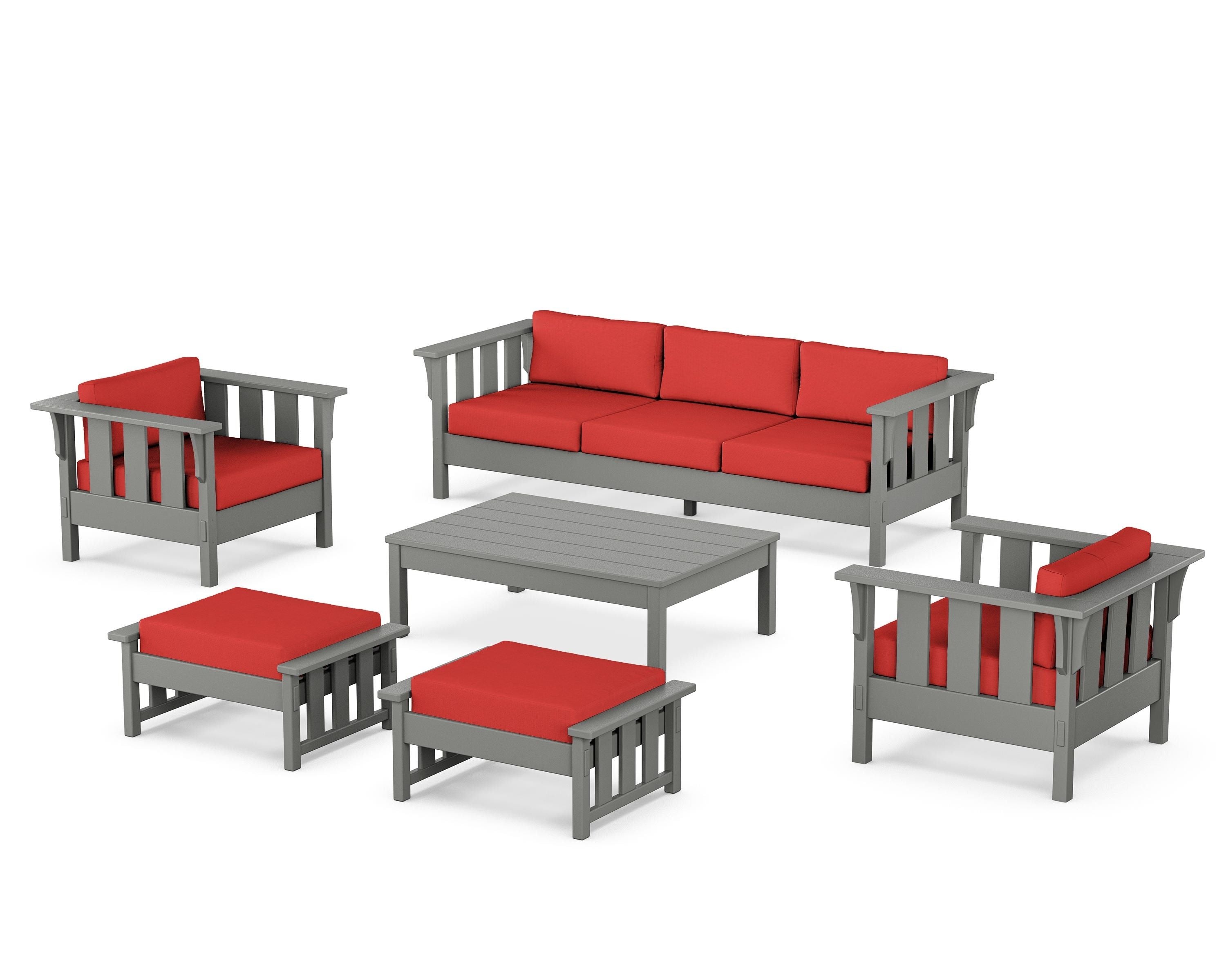 Martha Stewart by POLYWOOD Acadia 6-Piece Lounge Sofa Set in Slate Grey / Crimson Linen