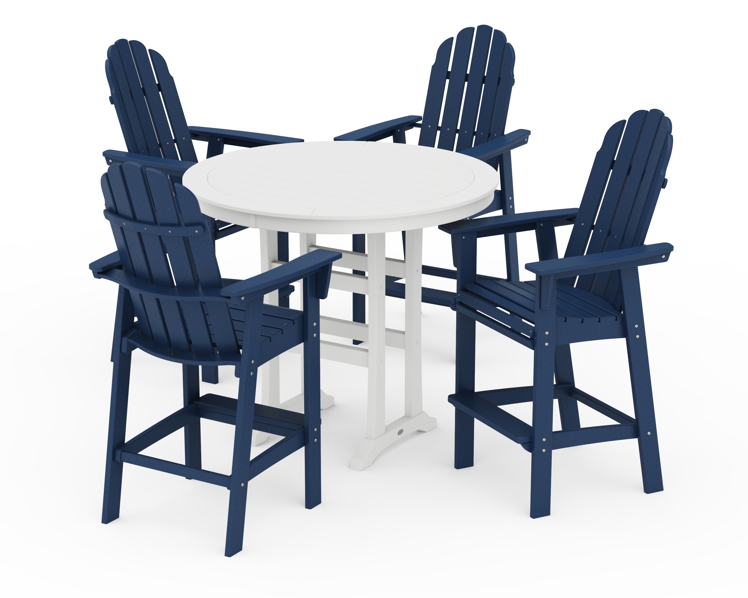POLYWOOD Vineyard Curveback Adirondack 5-Piece Nautical Trestle Bar Set in Navy / White