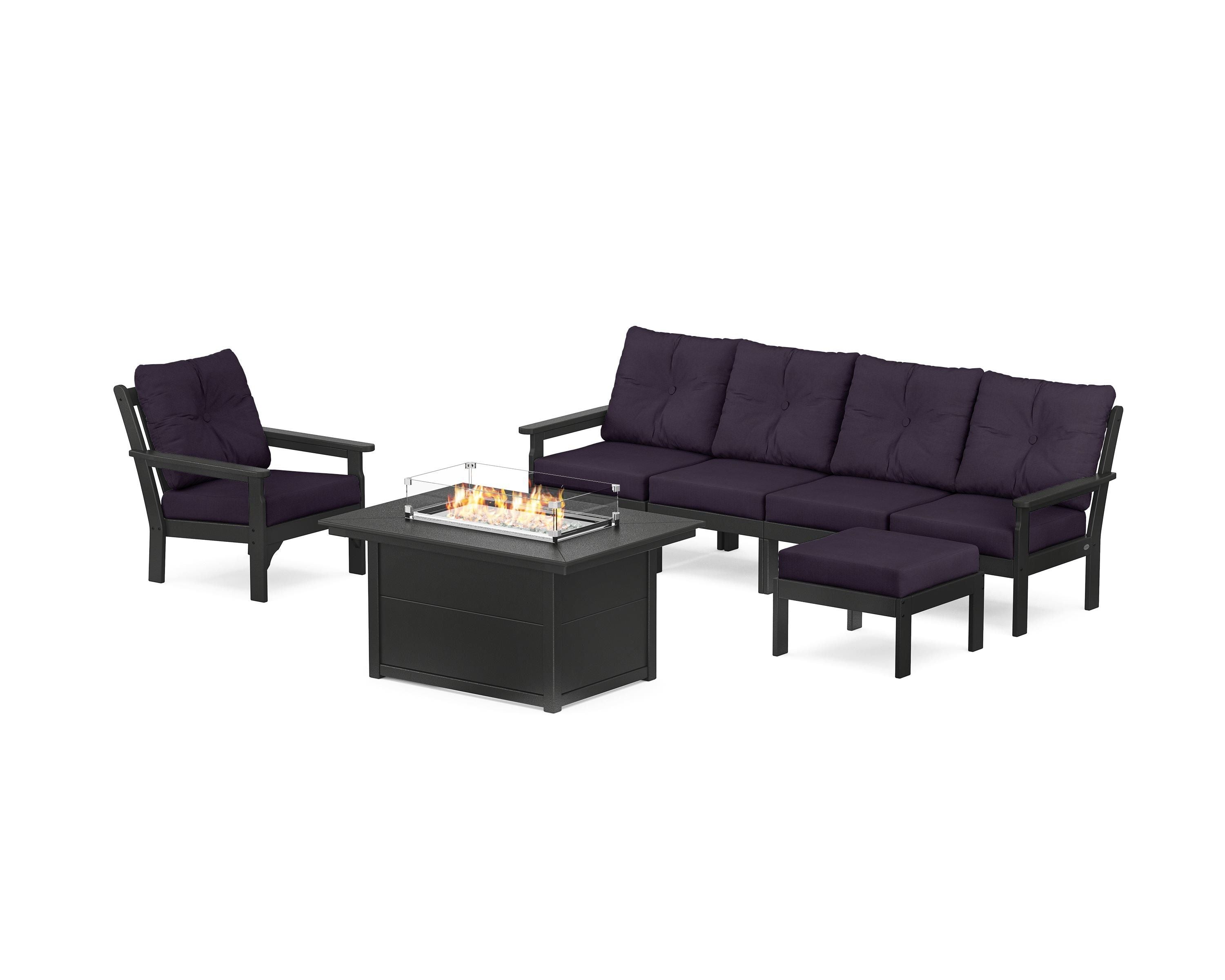POLYWOOD Vineyard Sectional Lounge and Fire Pit Set in Black / Navy Linen