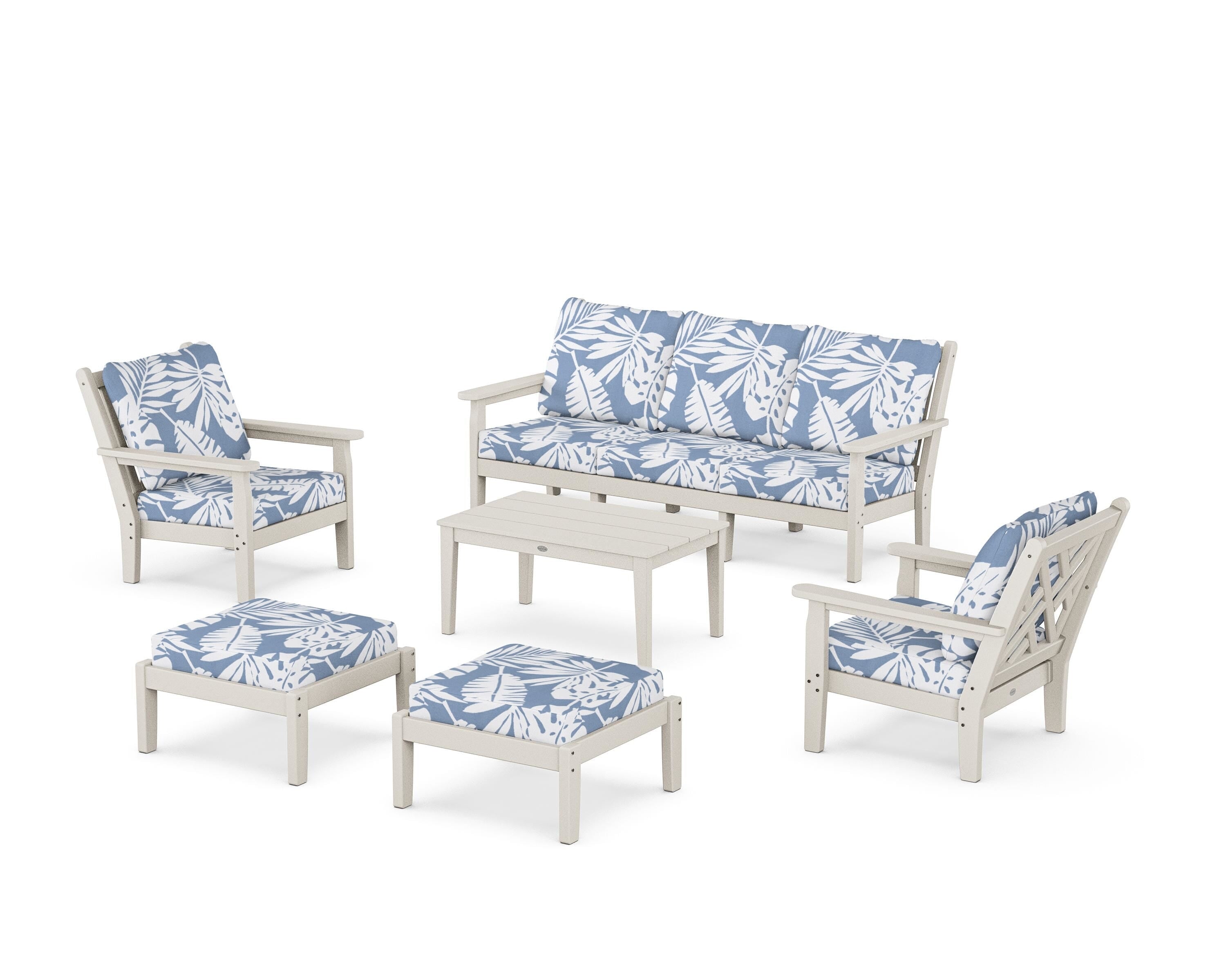 POLYWOOD Chippendale 6-Piece Lounge Sofa Set in Sand / Leaf Sky Blue