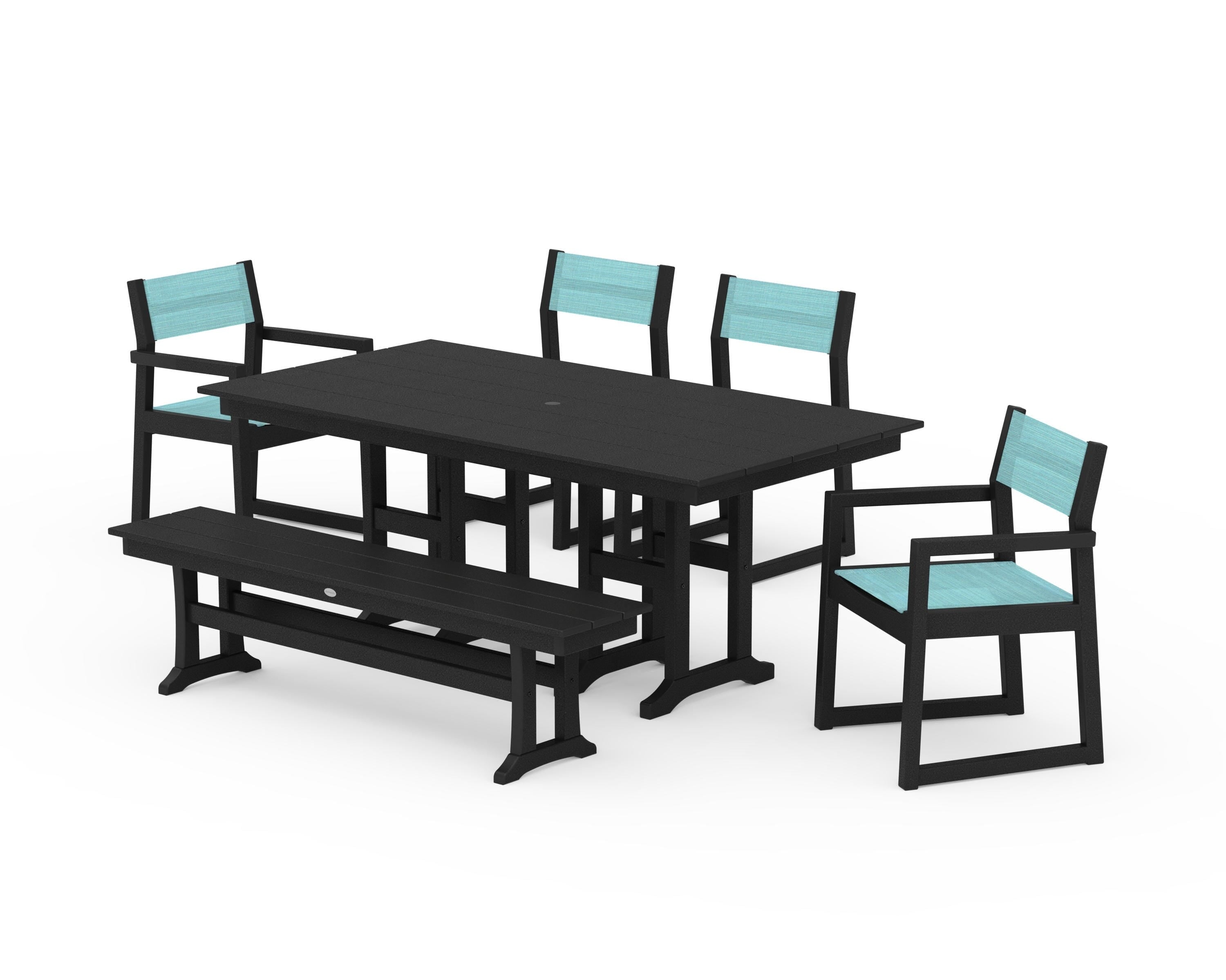 POLYWOOD EDGE Sling 6-Piece Farmhouse Dining Set in Black / Dupioni Aquamarine Sling