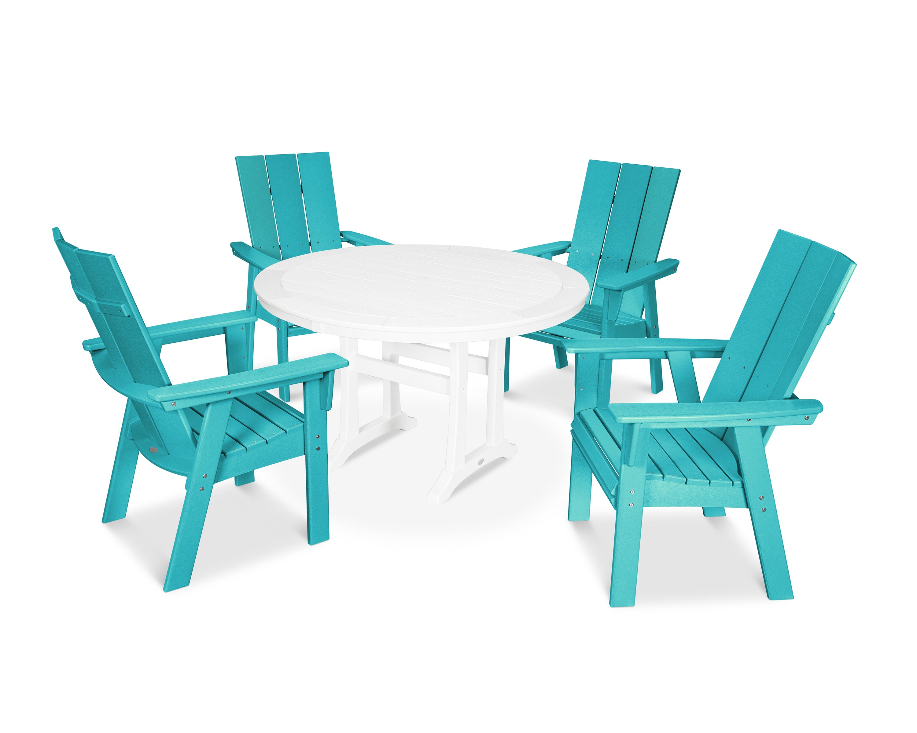 POLYWOOD® Modern Curveback Adirondack 5-Piece Nautical Trestle Dining Set in Aruba / White
