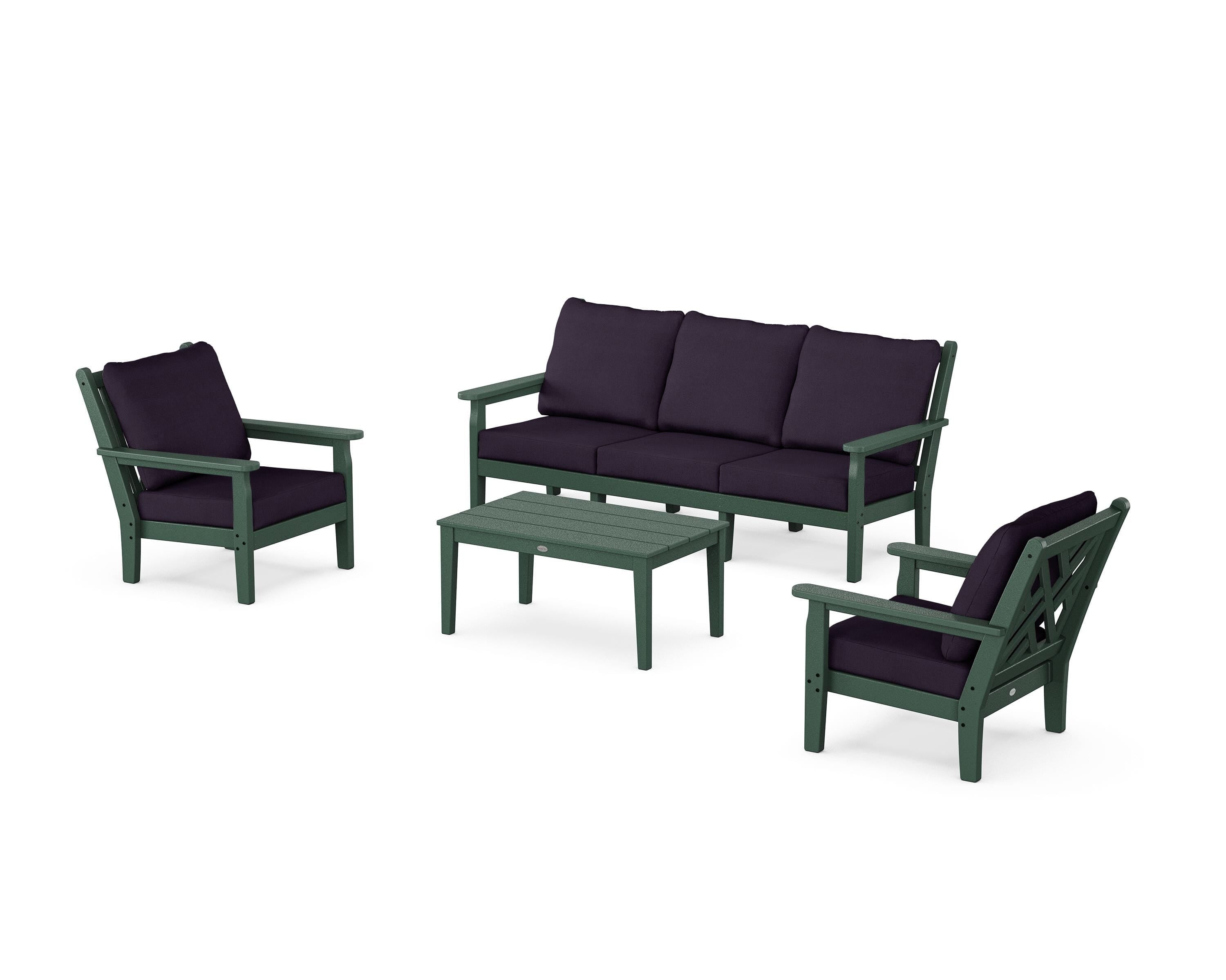 POLYWOOD Chippendale 4-Piece Deep Seating Set with Sofa in Green / Navy Linen
