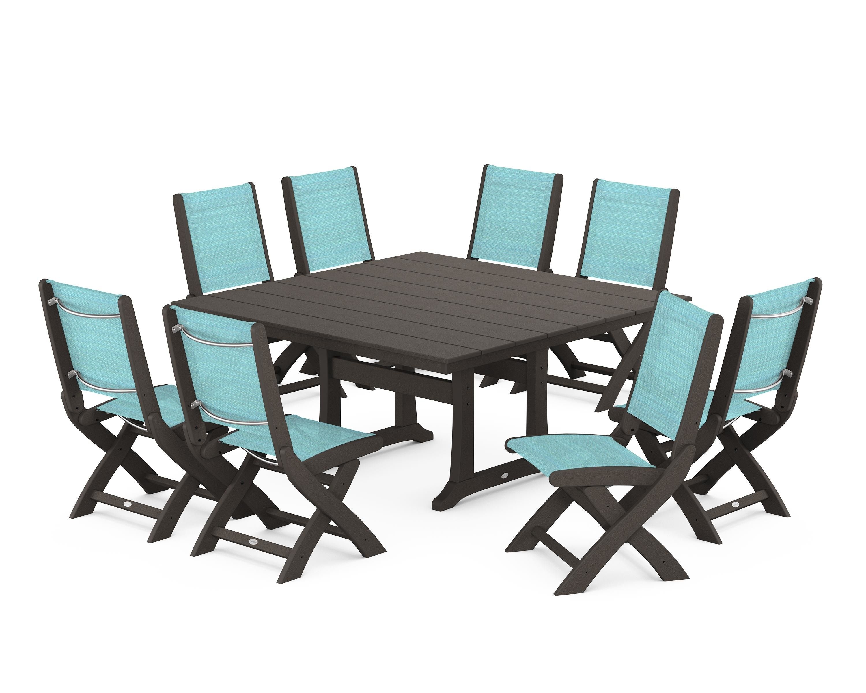 POLYWOOD Coastal Folding Side Chair 9-Piece Farmhouse Dining Set in Vintage Coffee / Dupioni Aquamarine Sling