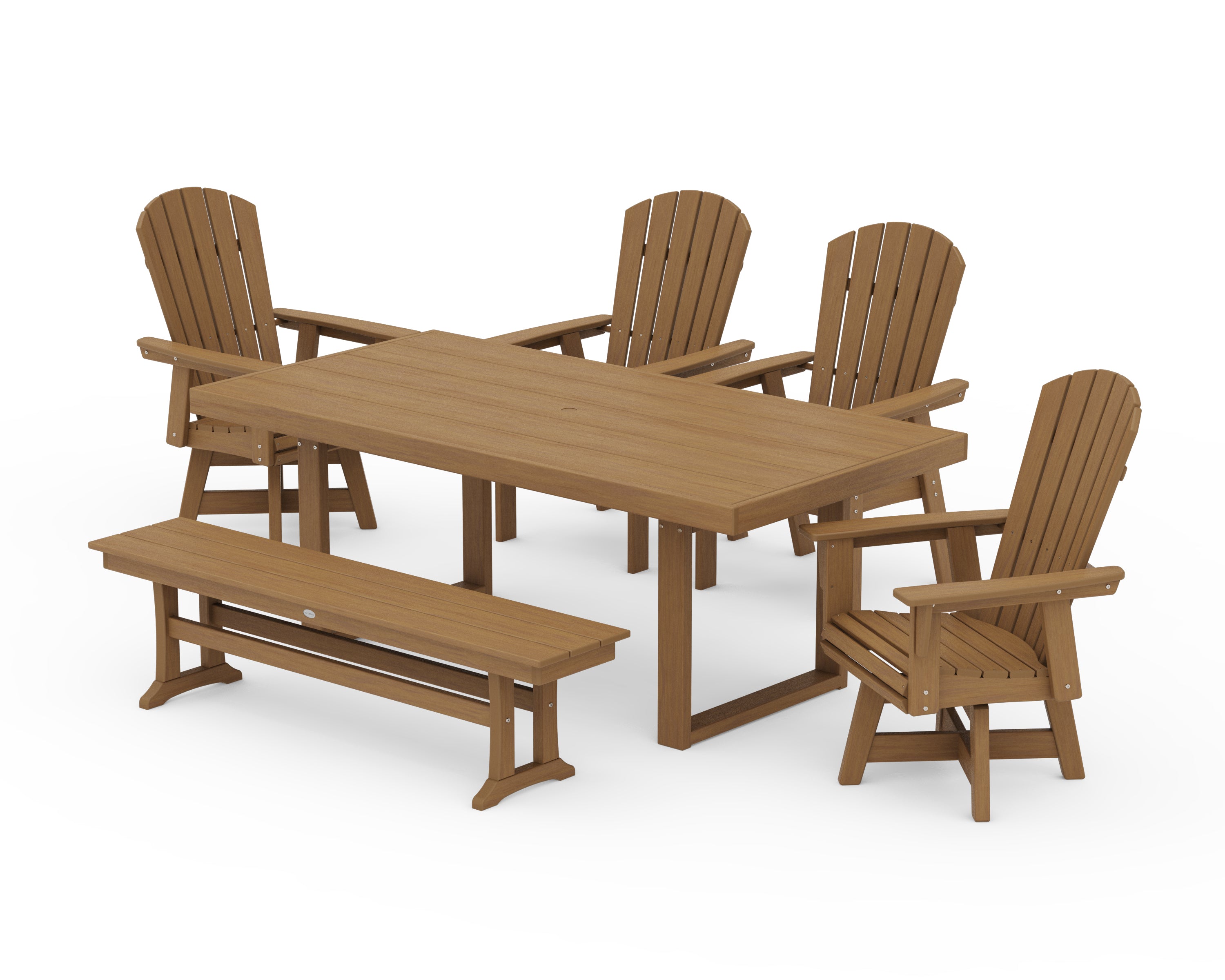 POLYWOOD Nautical Curveback Adirondack Swivel Chair 6-Piece Dining Set with Bench in Natural