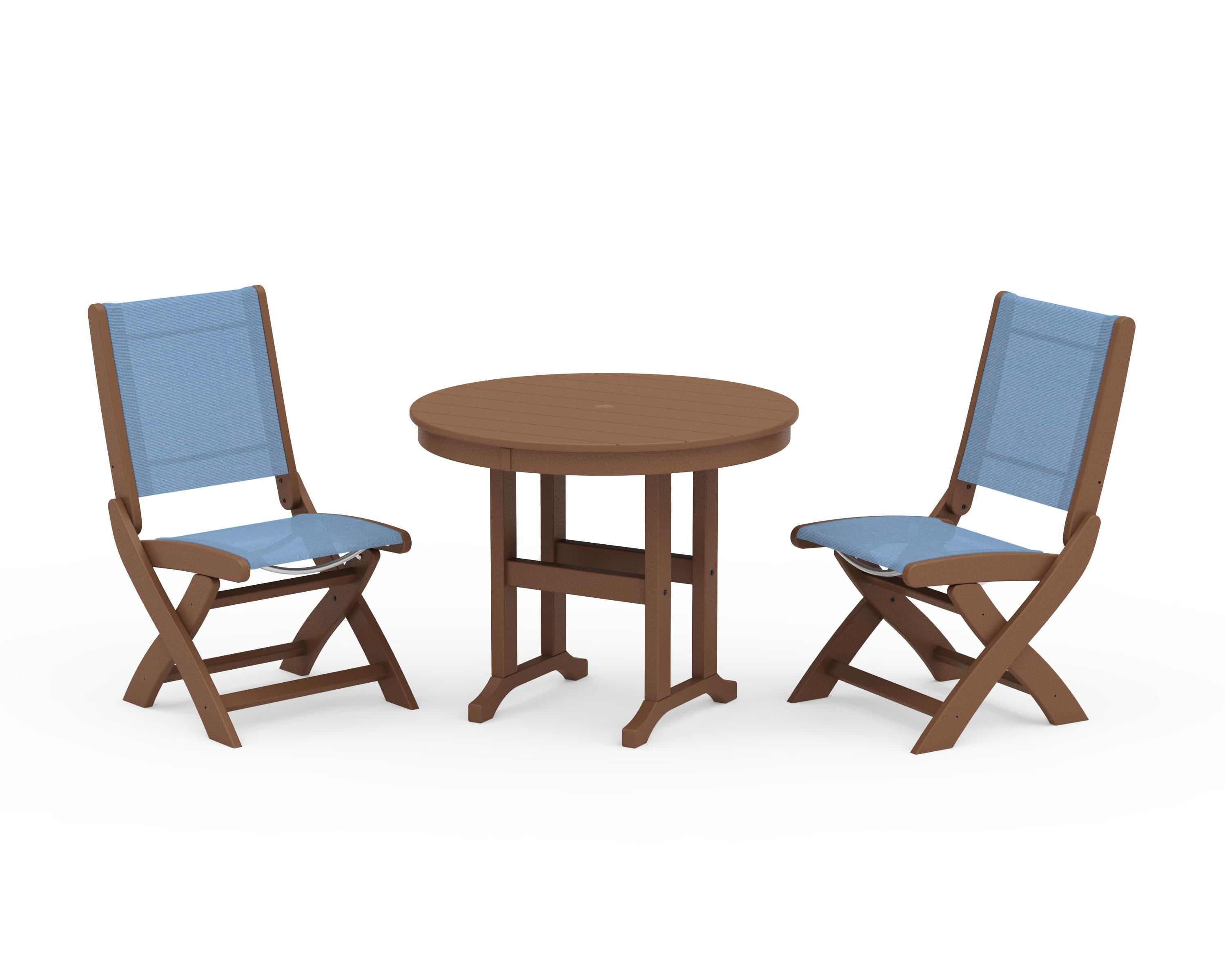 POLYWOOD Coastal Folding Side Chair 3-Piece Round Dining Set in Teak / Poolside Sling