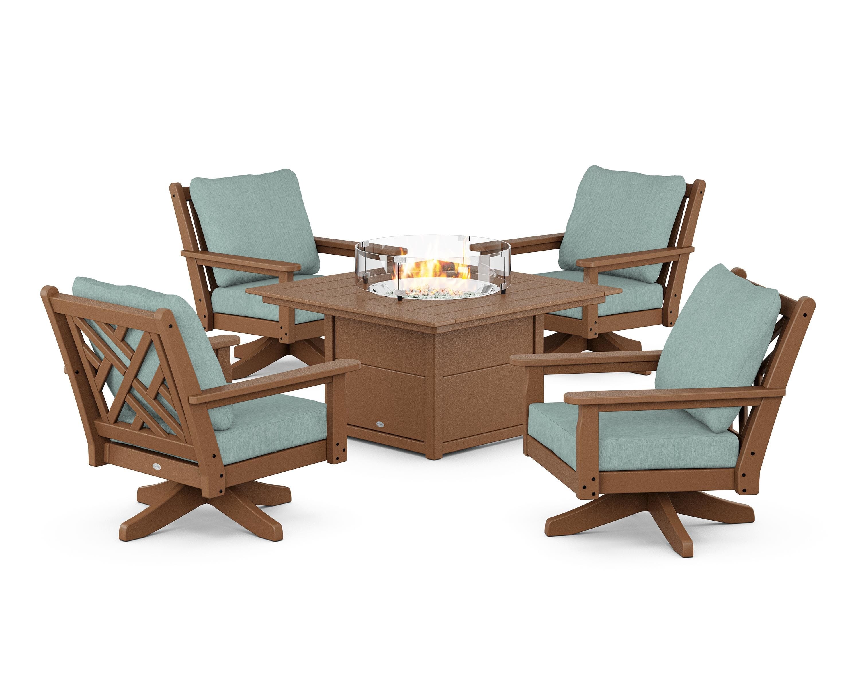 POLYWOOD Chippendale 5-Piece Deep Seating Swivel Conversation Set with Fire Pit Table in Teak / Glacier Spa