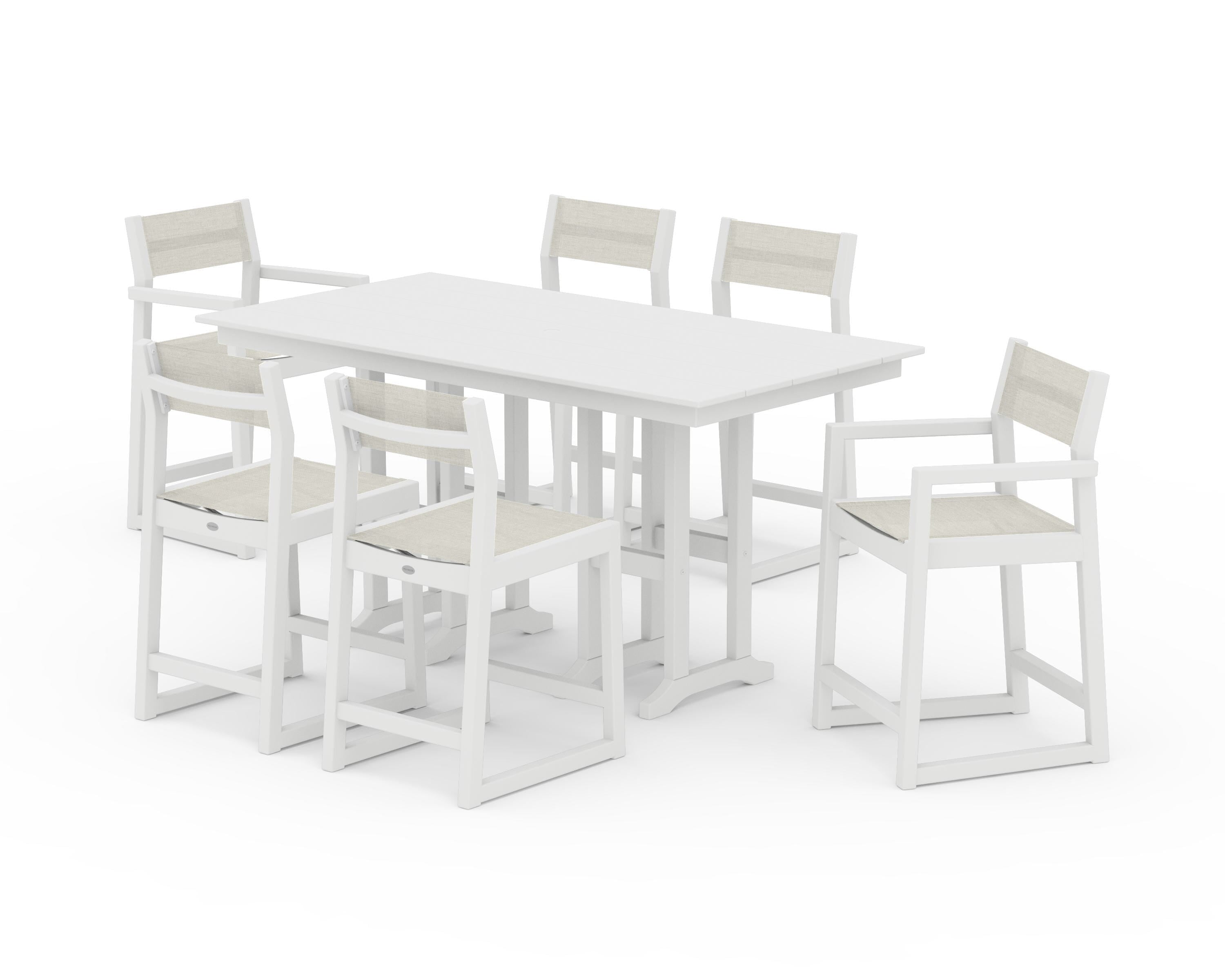 POLYWOOD EDGE Sling 7-Piece Farmhouse Counter Set with Trestle Legs in White / Parchment Sling