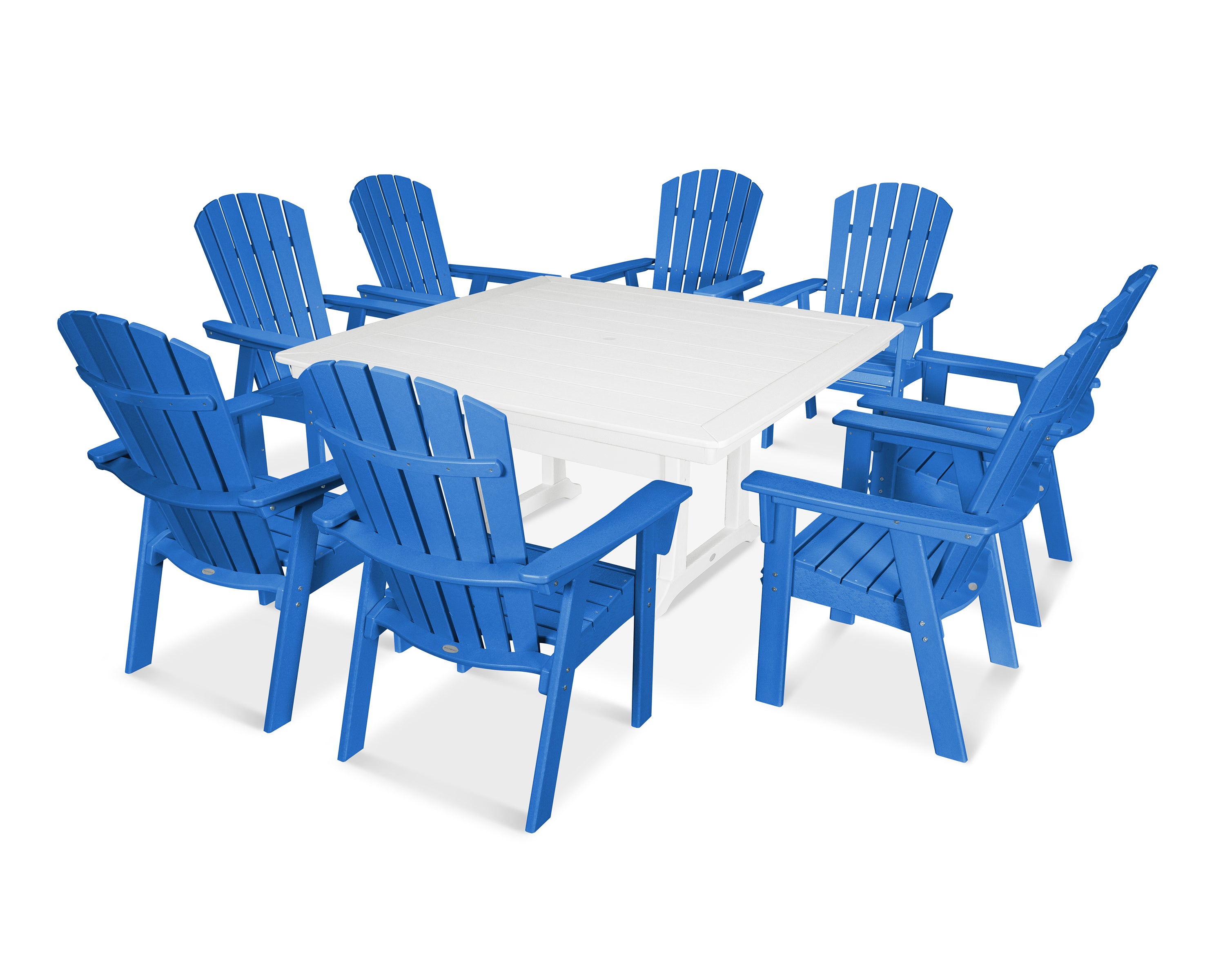 POLYWOOD® Nautical Adirondack 9-Piece Trestle Dining Set in Pacific Blue / White