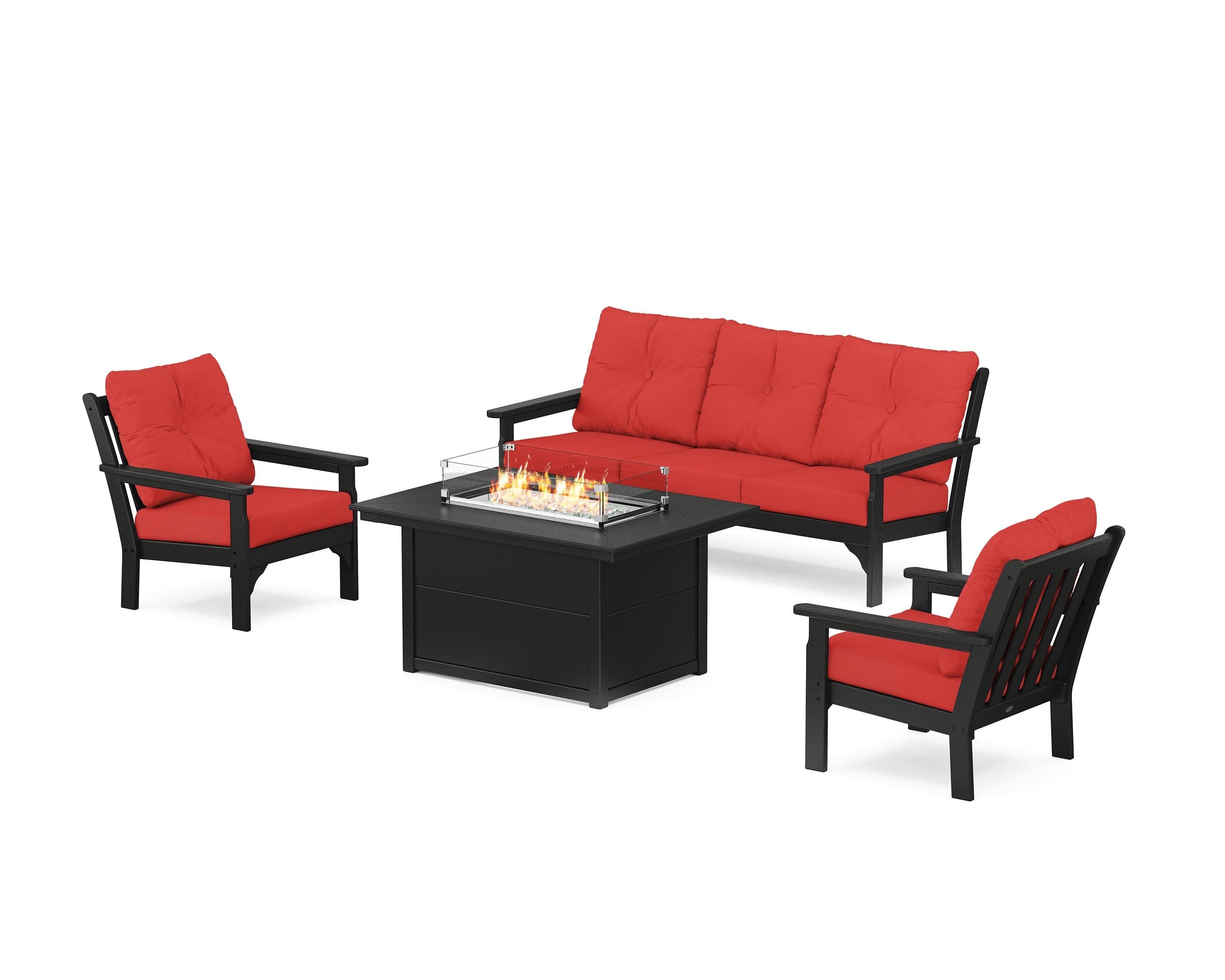 POLYWOOD Vineyard Deep Seating Fire Pit Table Set in Black / Crimson Linen