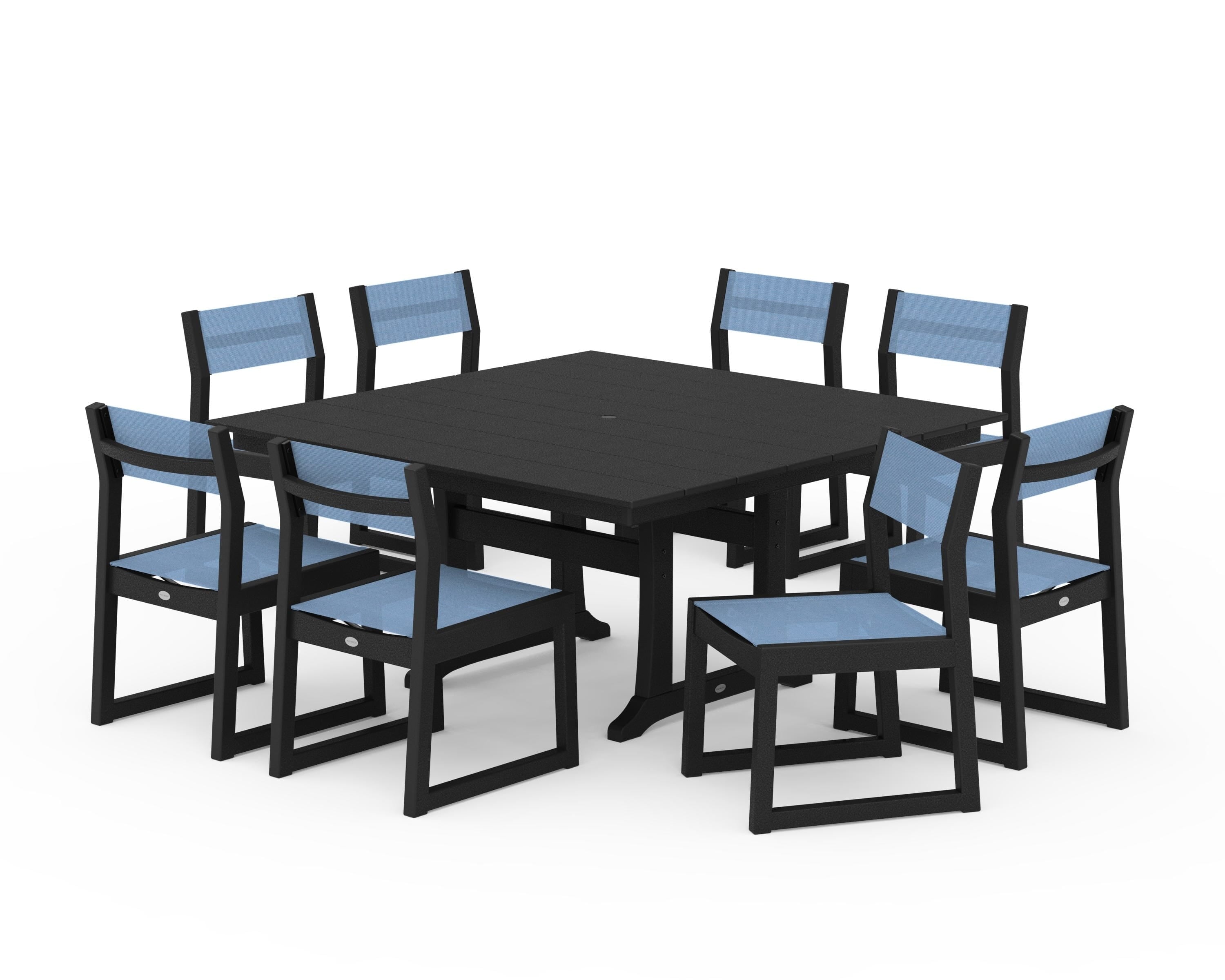 POLYWOOD EDGE Sling Side Chair 9-Piece Farmhouse Trestle Dining Set in Black / Poolside Sling