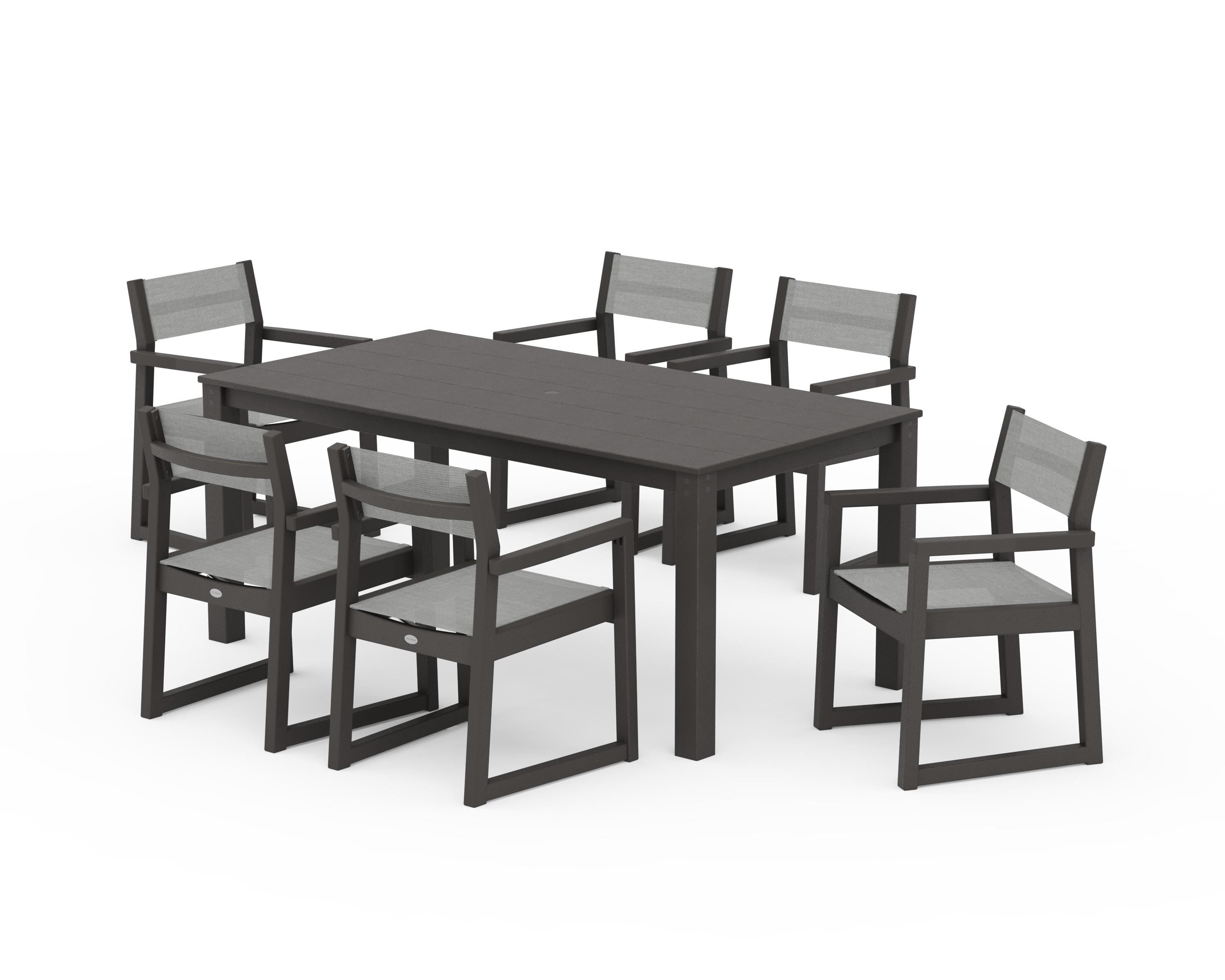 POLYWOOD EDGE Sling Arm Chair 7-Piece Parsons Dining Set in Vintage Coffee / Metallic Sling