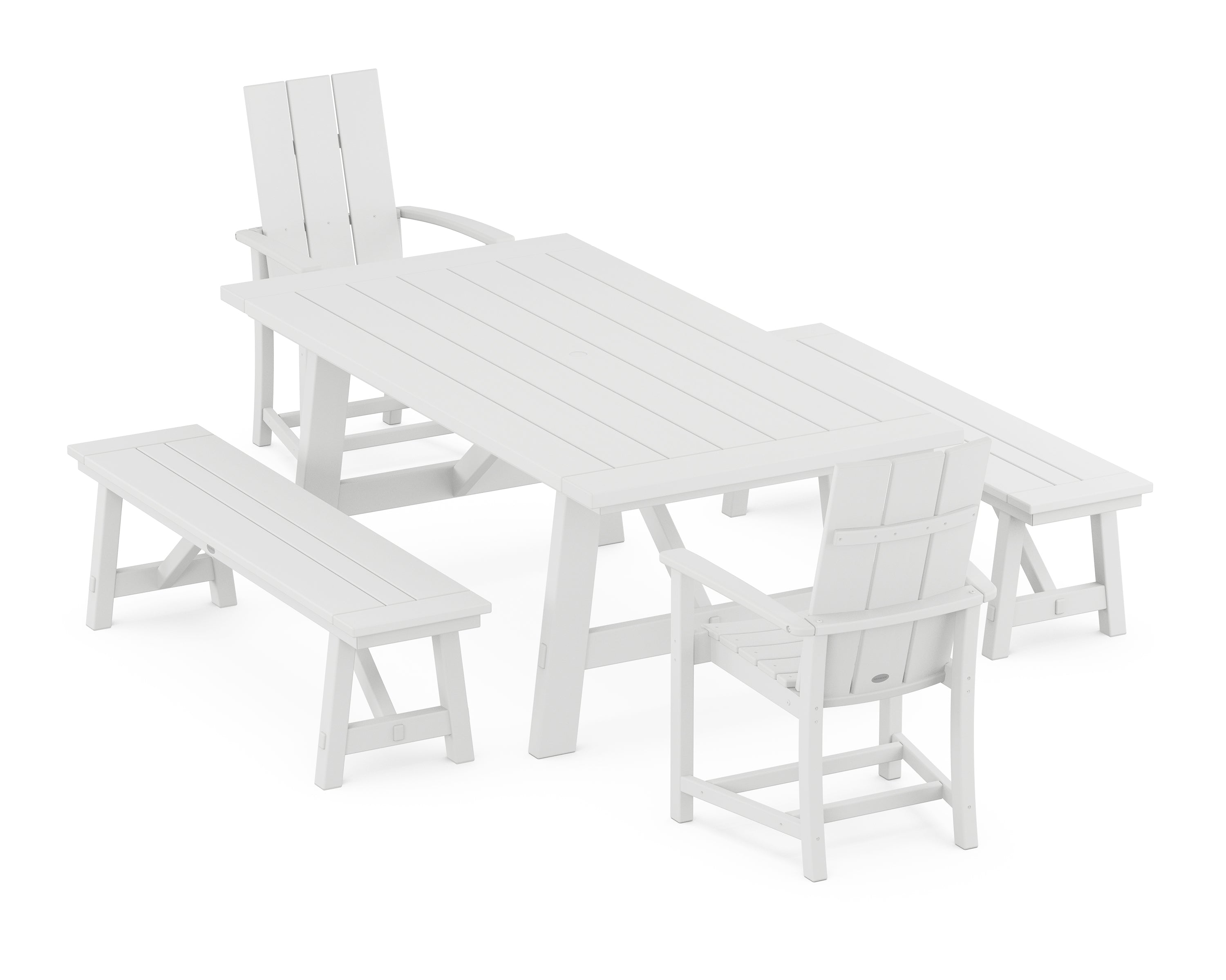 POLYWOOD® Modern Adirondack 5-Piece Rustic Farmhouse Dining Set With Benches in White