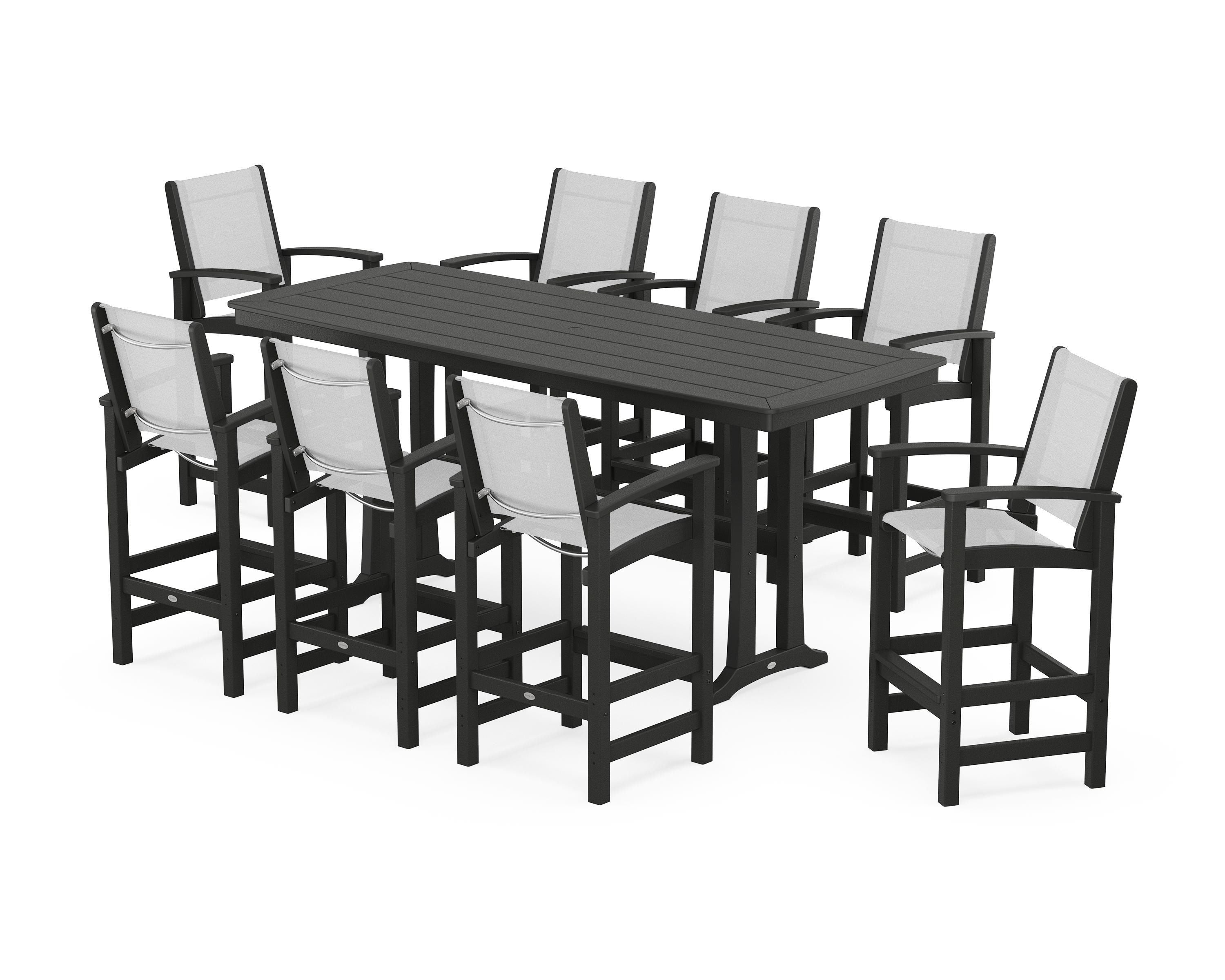 POLYWOOD Coastal 9-Piece Bar Set with Trestle Legs in Black / White Sling