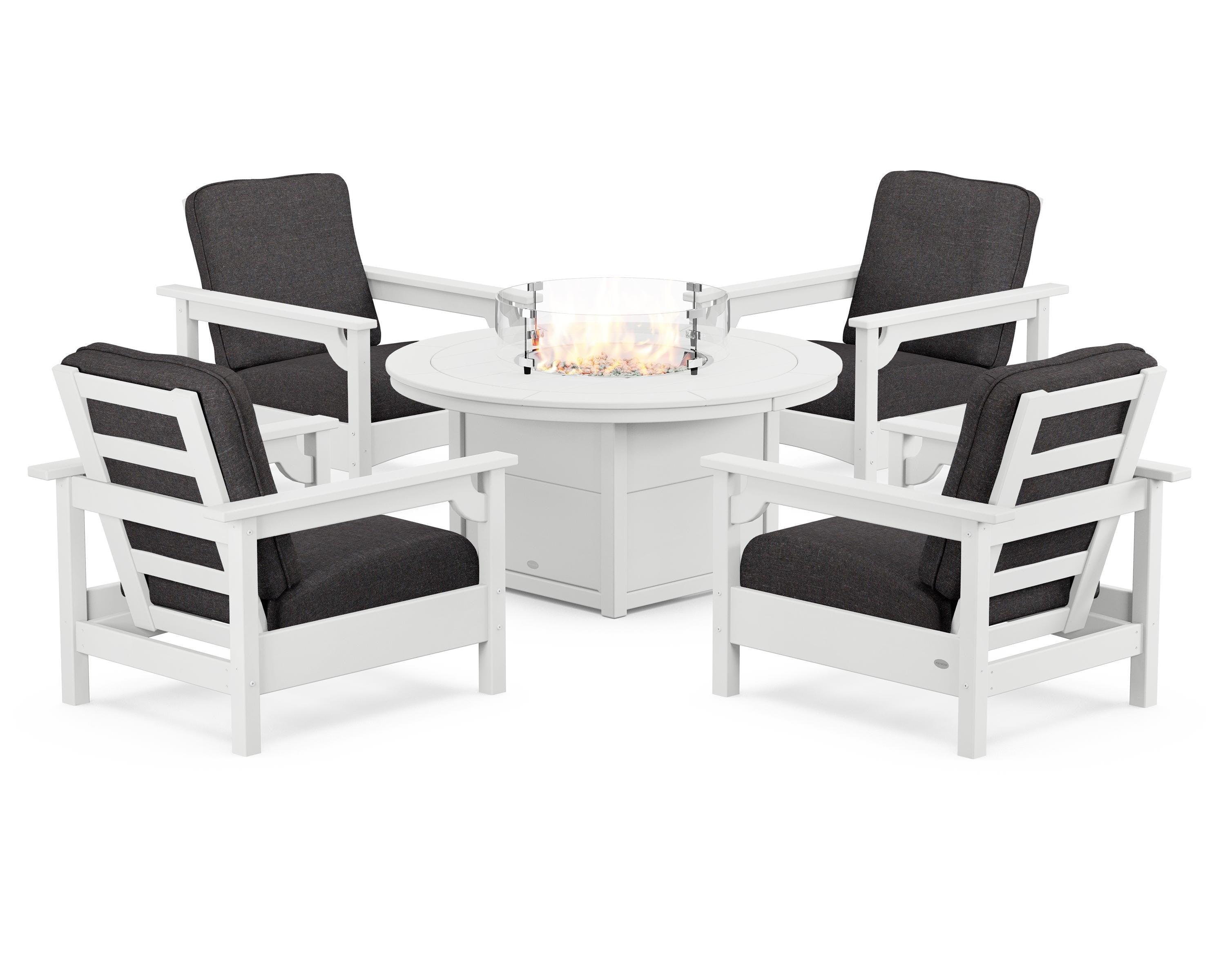 POLYWOOD Club 5-Piece Conversation Set with Fire Pit Table in White / Ash Charcoal