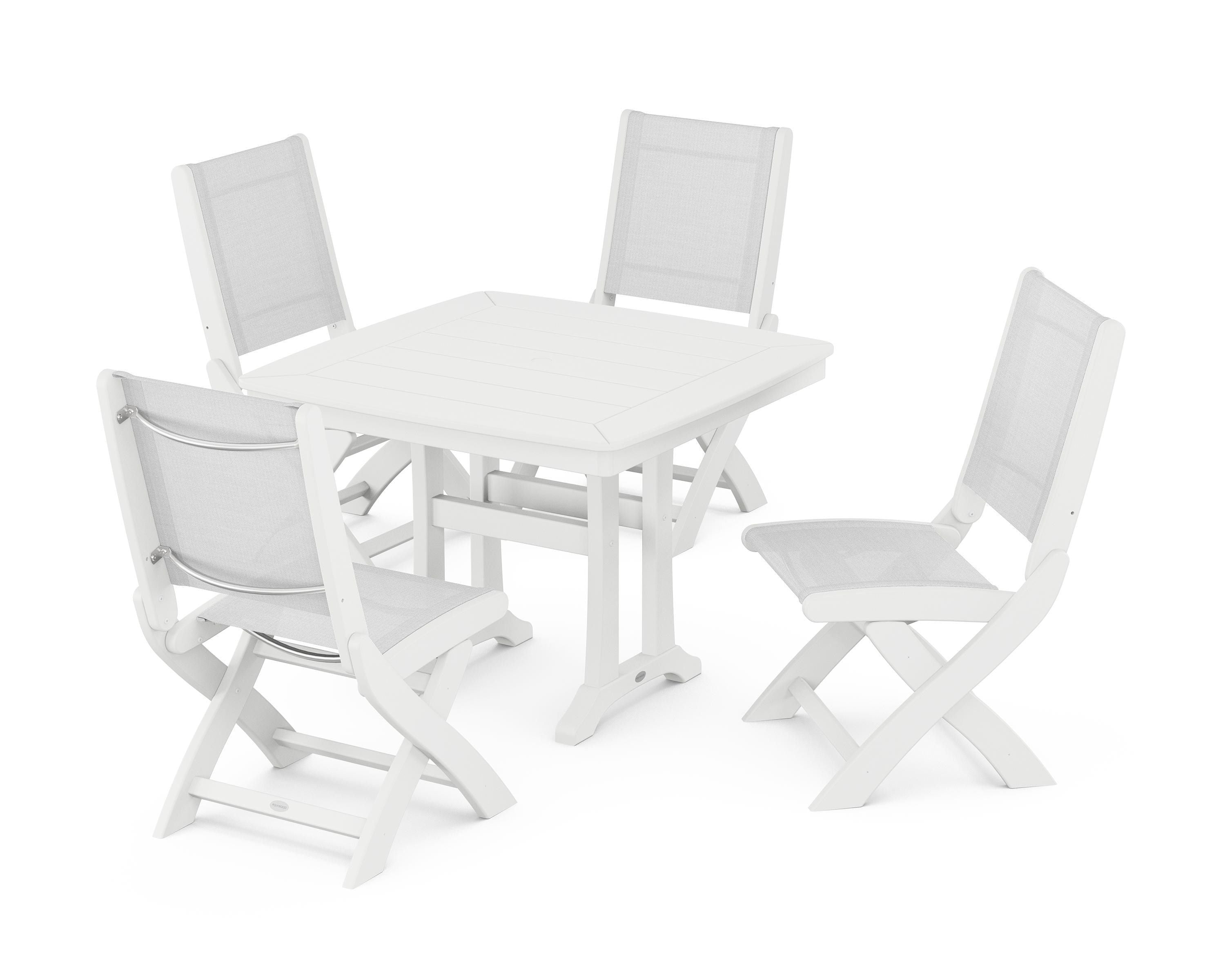 POLYWOOD Coastal Folding Side Chair 5-Piece Dining Set with Trestle Legs in White / White Sling
