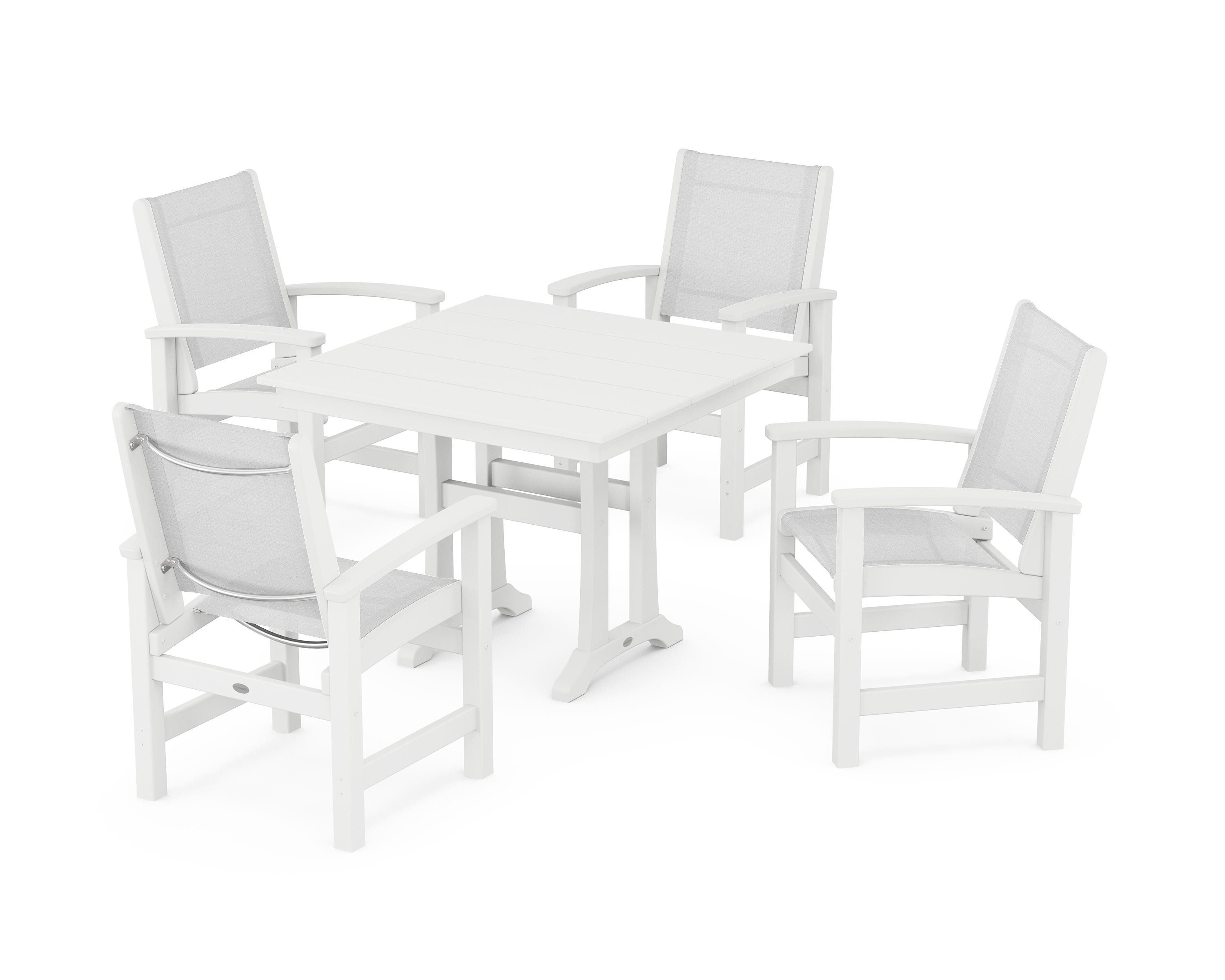 POLYWOOD Coastal 5-Piece Farmhouse Dining Set With Trestle Legs in White / White Sling