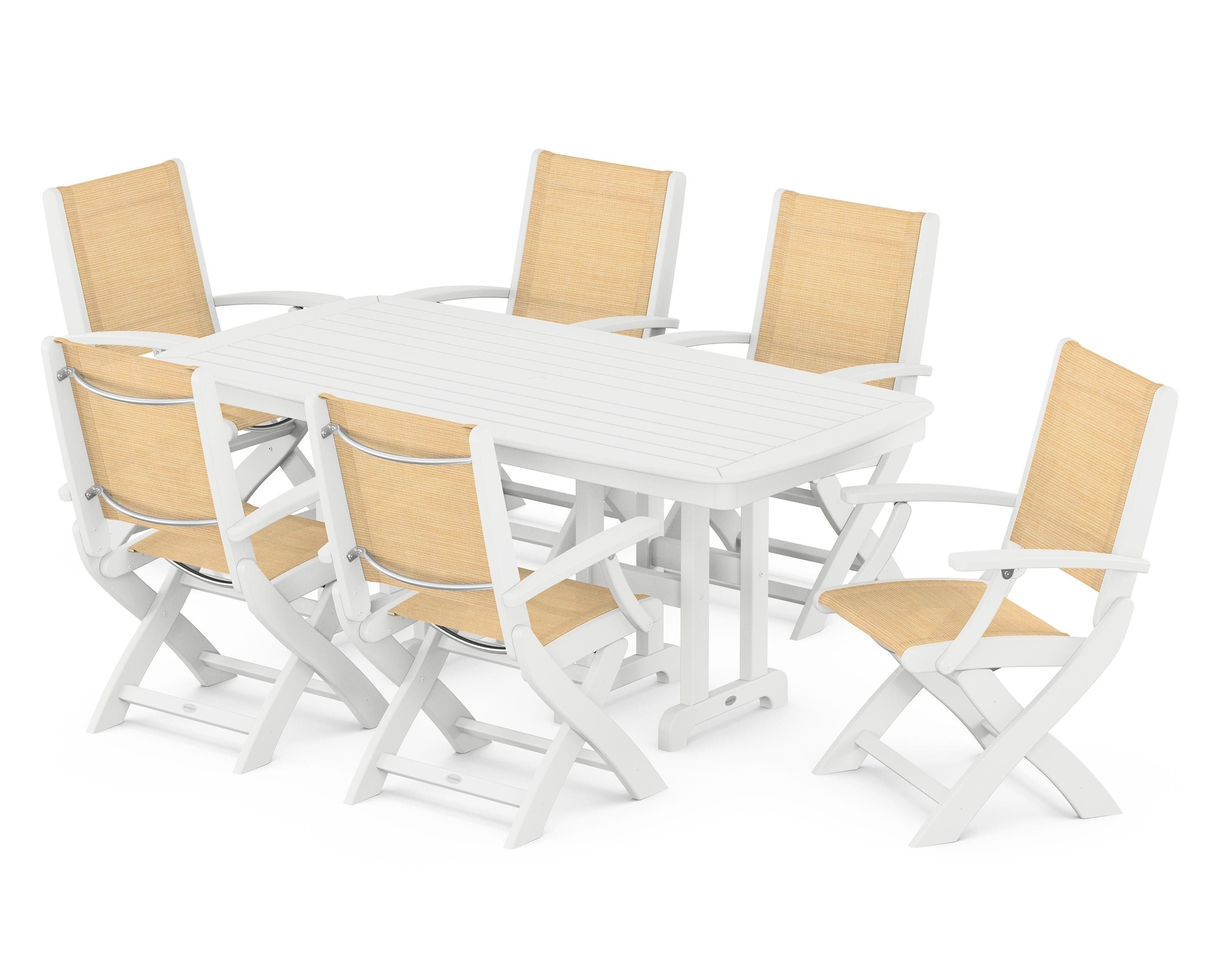 POLYWOOD Coastal Folding Arm Chair 7-Piece Dining Set in White / Dupioni Apricot Sling