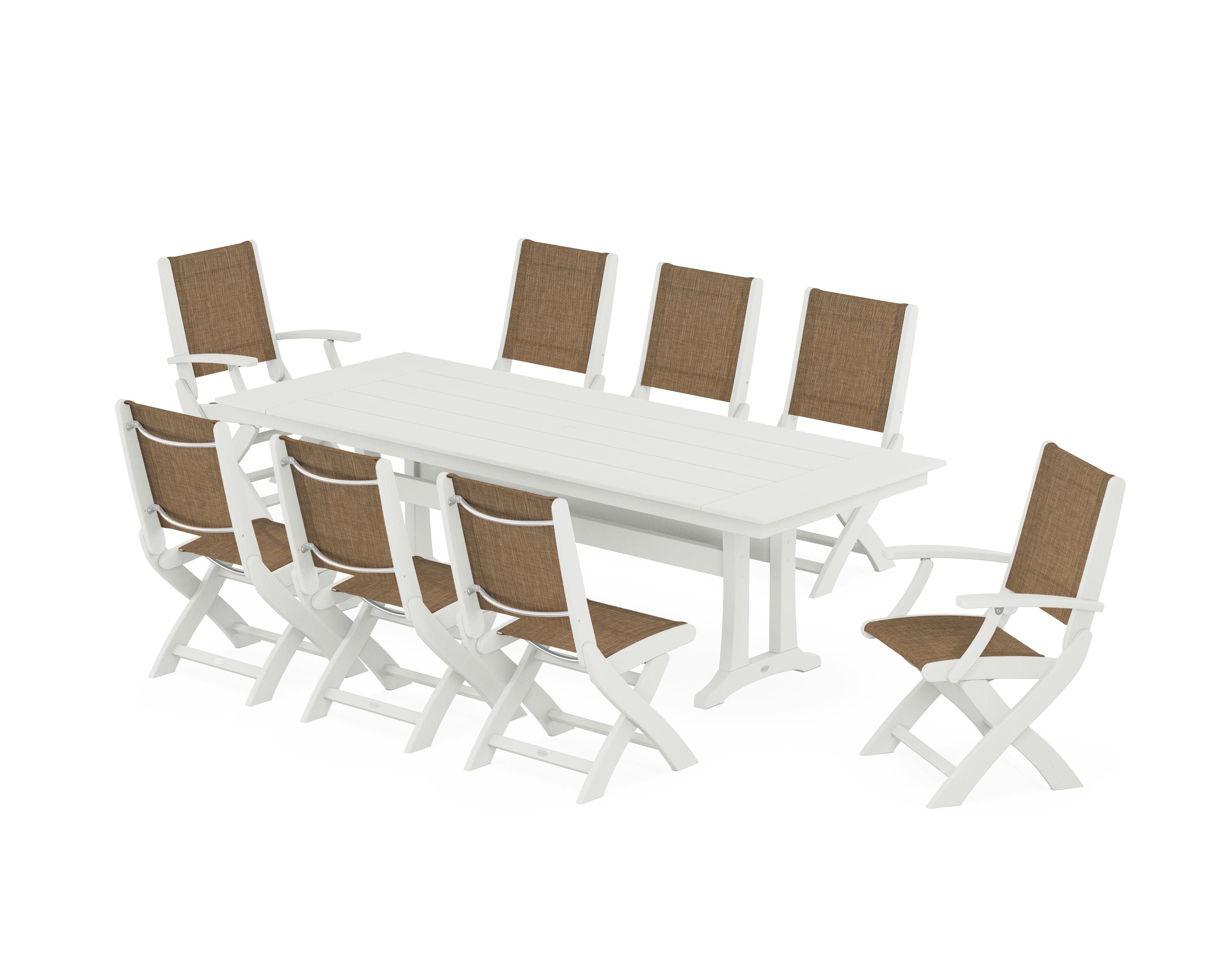 POLYWOOD Coastal 9-Piece Folding Dining Chair Farmhouse Dining Set with Trestle Legs in Vintage White / Burlap Sling