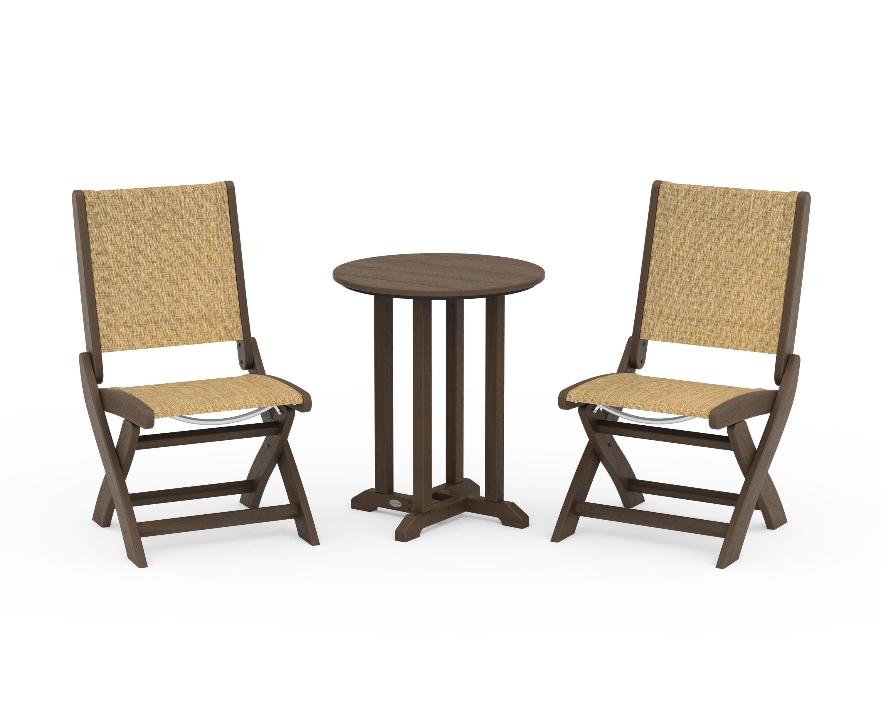 POLYWOOD Coastal Folding Side Chair 3-Piece Round Bistro Dining Set in Kona / Burlap Sling