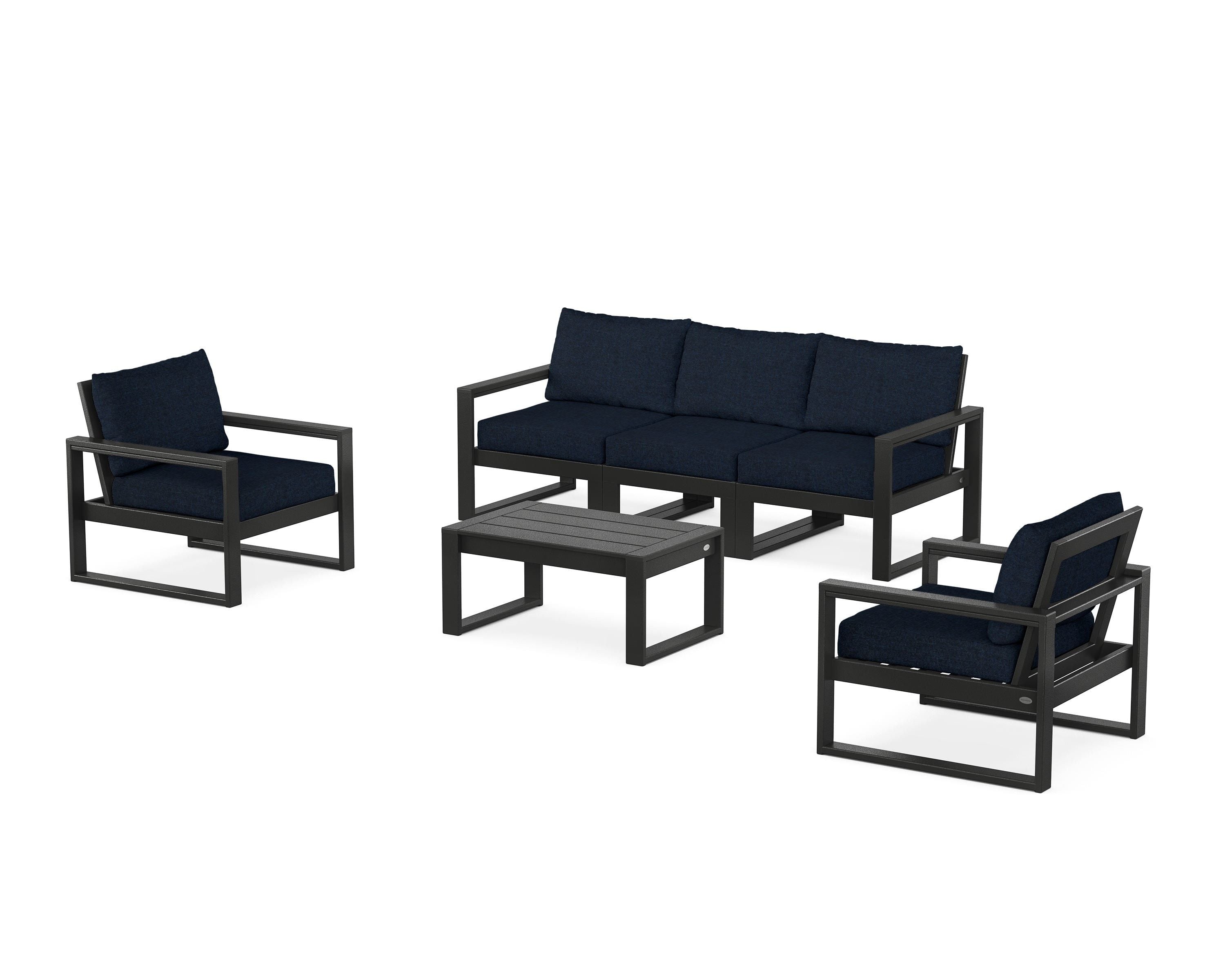 POLYWOOD EDGE Sectional 4-Piece Deep Seating Set with Sofa in Black / Marine Indigo